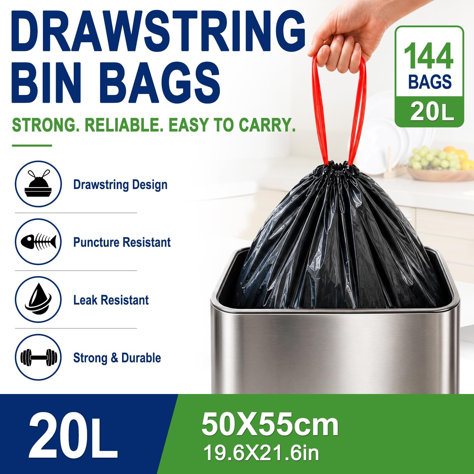 Sacchetti per la spazzatura da 20 l, colore nero, confezione da 144 piccoli sacchetti per la spazzatura con manici, resistenti alle perdite, durevoli, adatti per piccoli bidoni del bagno e interni