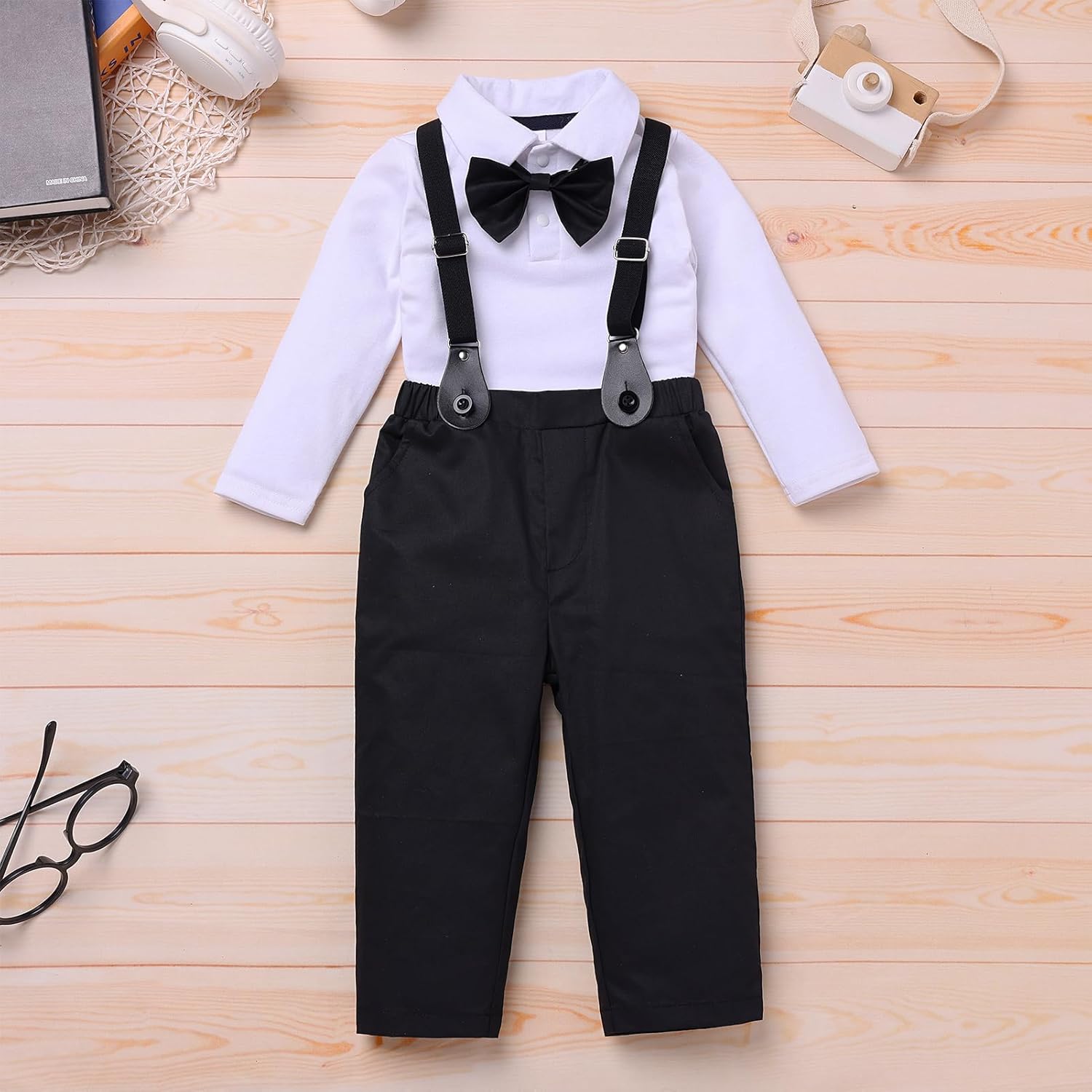 IDOPIP Baptism Christening Outfit for Boy Baby Clothes Suit Infant Gentleman Wedding Outfit Bowtie Romper Suspender Pants Set - Image 3
