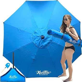 Xbrella - High Wind Beach Umbrella Windproof Sun Shade PATENTED Sand Anchor Base Large 7.5 Round Heavy Duty Best Long Lasting Acrylic Fabric Can Handle 40+ MPH
