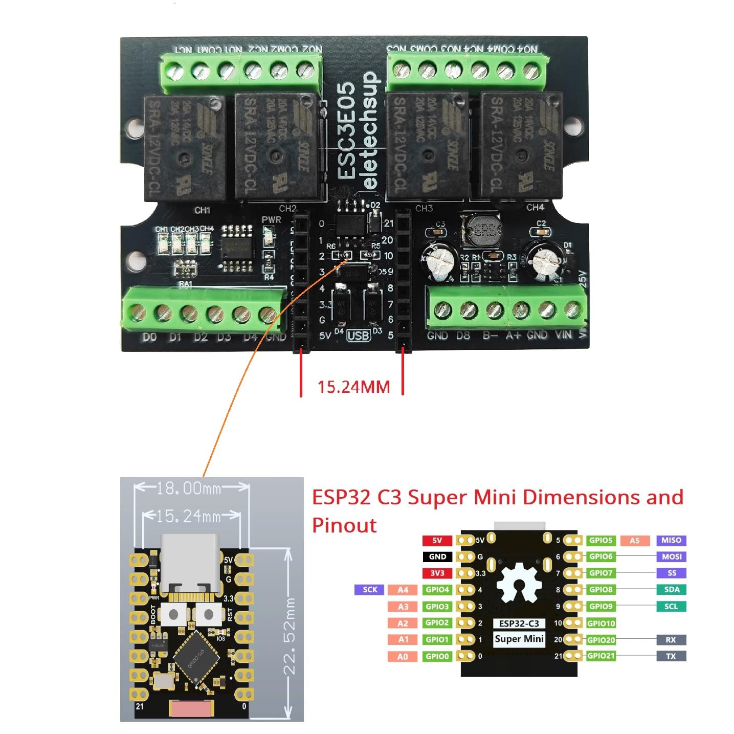 Diagram showing the dimensions of the ESP32 C3 Super Mini board and its pinout, including GPIO assignments.