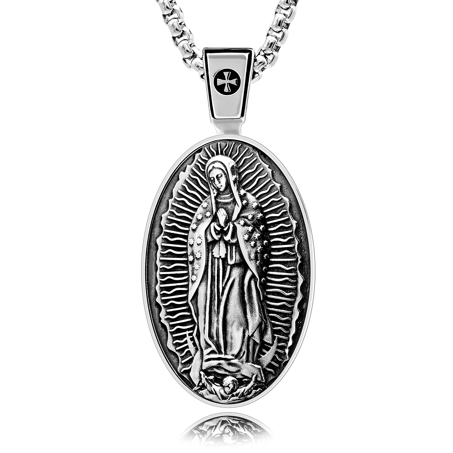 VENICEBEE® Guadalupe Our Lady Holy Virgin Mary Medal Devotional Christian Amulet Solid 925 Sterling Silver Pendant Necklace + Velvet Pouch, Polishing Cloth, Gift Box - Plata Nuestra Señora Virgen, S,