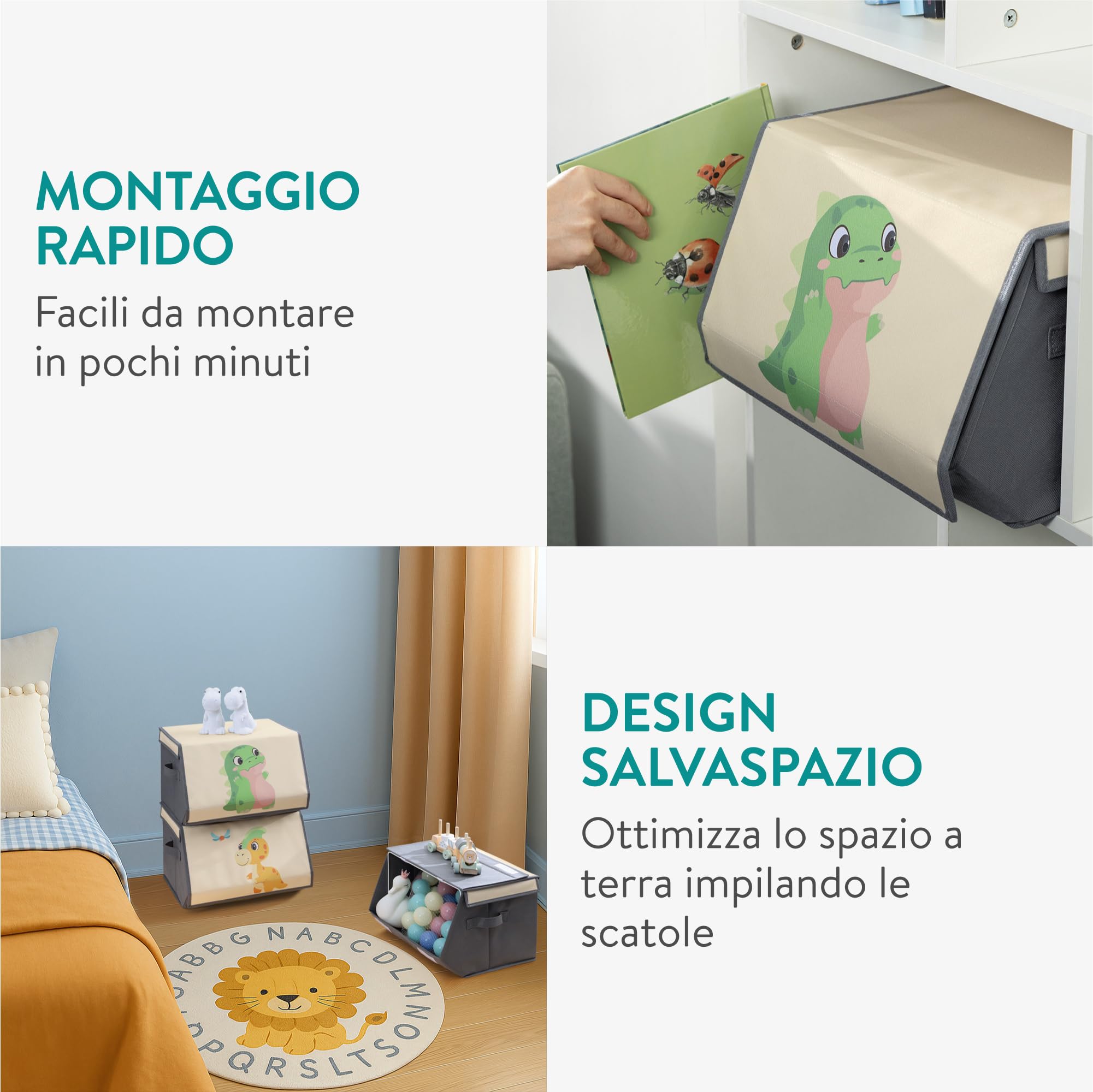 Navaris Set 3 Scatole Porta Giochi Impilabili Con Dinosauri – Contenitori Capienti 38x35x25 Cm, Robusti E Salvaspazio, Perfetti Per Camera Bambini
