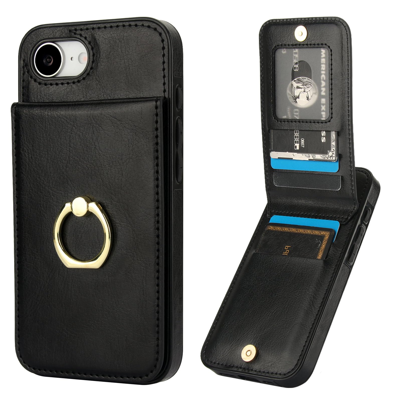 KIHUWEY for iPhone 16e Case Wallet with Credit Card Holder, 360° Rotation Ring PU Leather Magnetic Clasp Kickstand Heavy Duty Protective Cover for