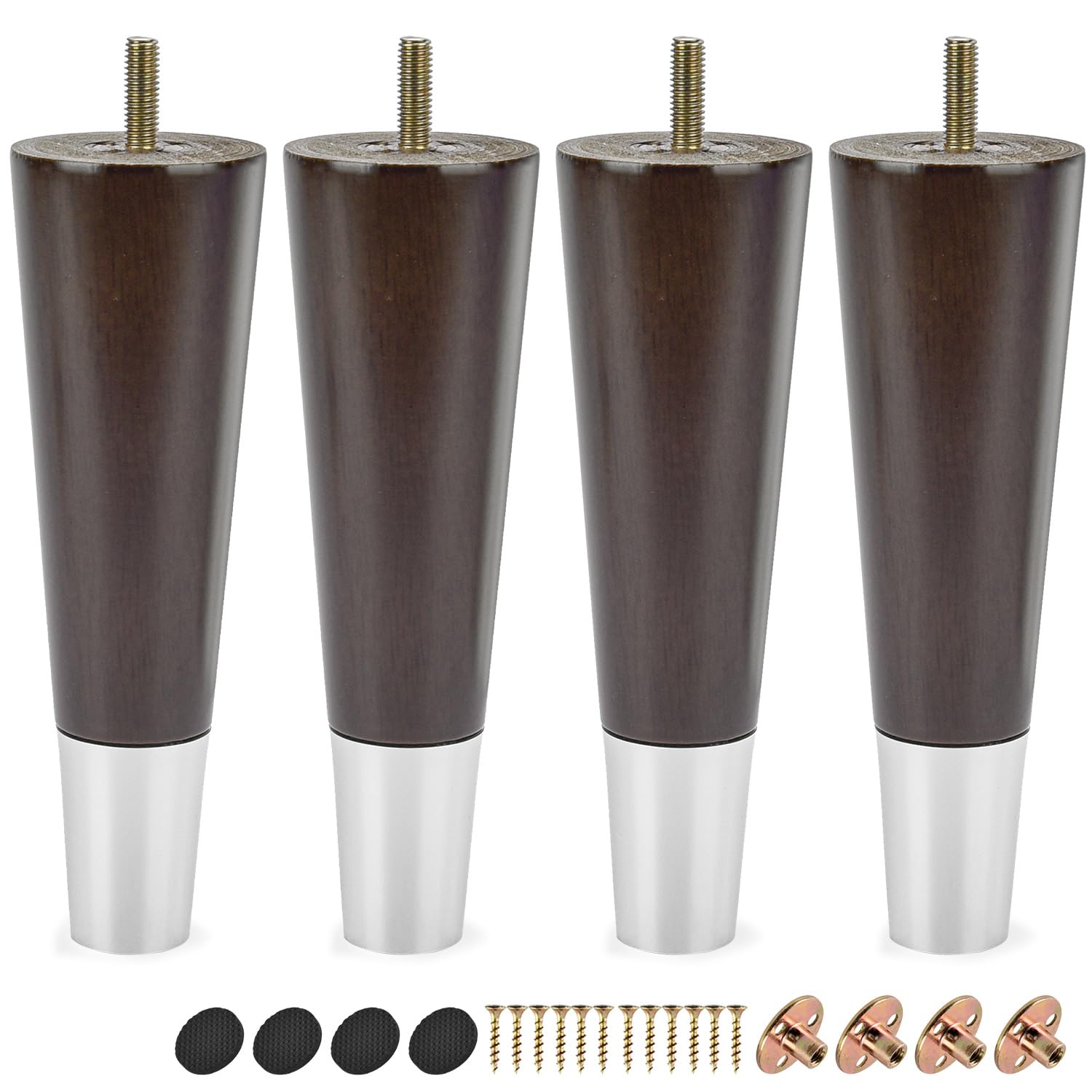 7 Inch Solid Wood Furniture Legs, 4Pcs Sofa Legs With Silver Cap Mid-Century Modern Wooden Replacement Feet with Threaded M8 Hanger Bolts & Mounting Plate&Screws for Couch Armchair Cabinet TV Stand — image 1