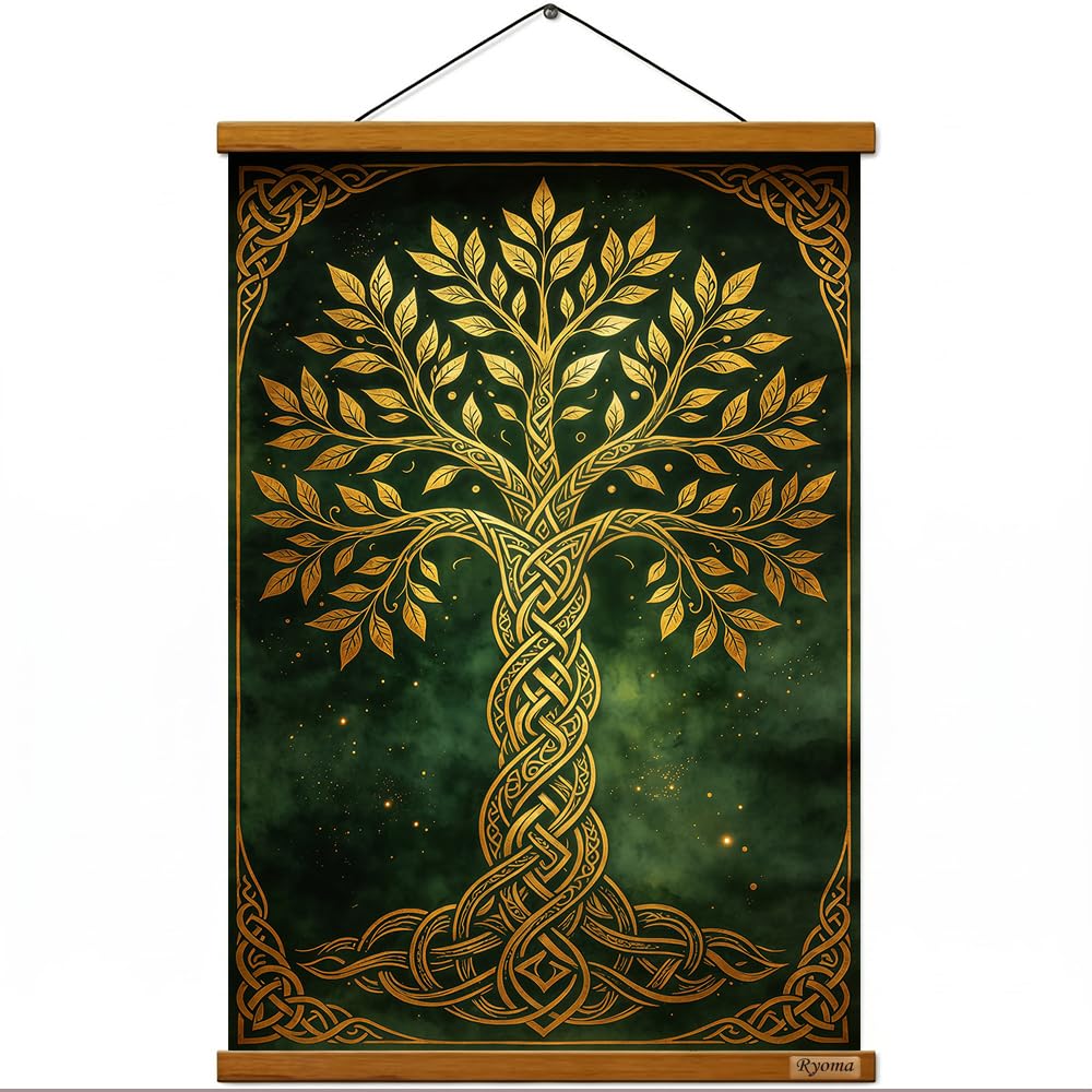 Ryoma Tree of Life Scroll Canvas Wall Art,Wooden Scroll Hanging Painting, HD Watercolor Print Canvas Wall Decor 16x24in (Golden Vintage)