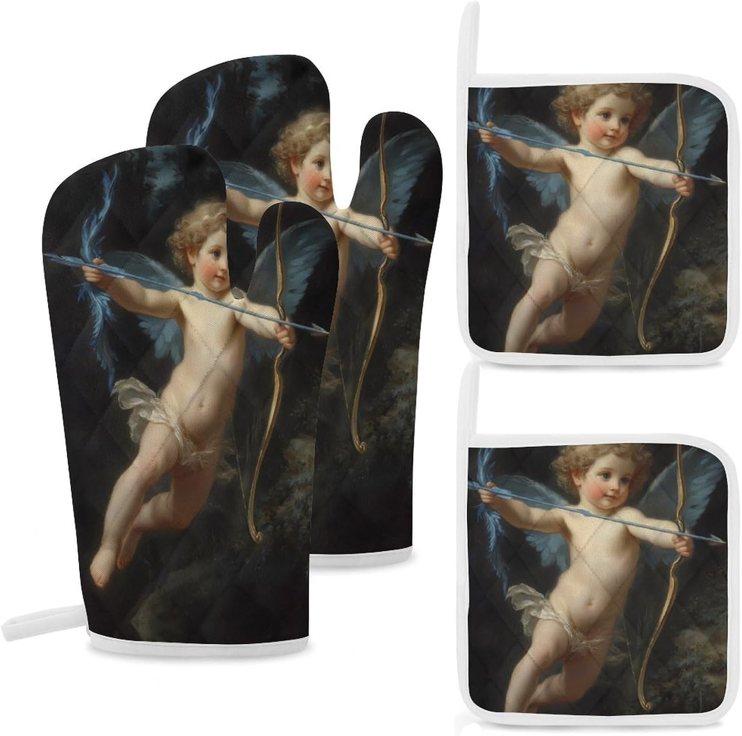 Cupid Love God Greek Mythology Oven Mitts and Pot Holders 4Pcs Set Heat Resistant Cooking Mitts Hot Pads