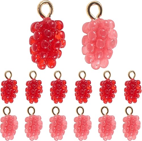 Tofficu 12 dijes de fruta de uva, colgantes diminutos de resina para collares, pulseras, joyería, manualidades, color rojo y rosa