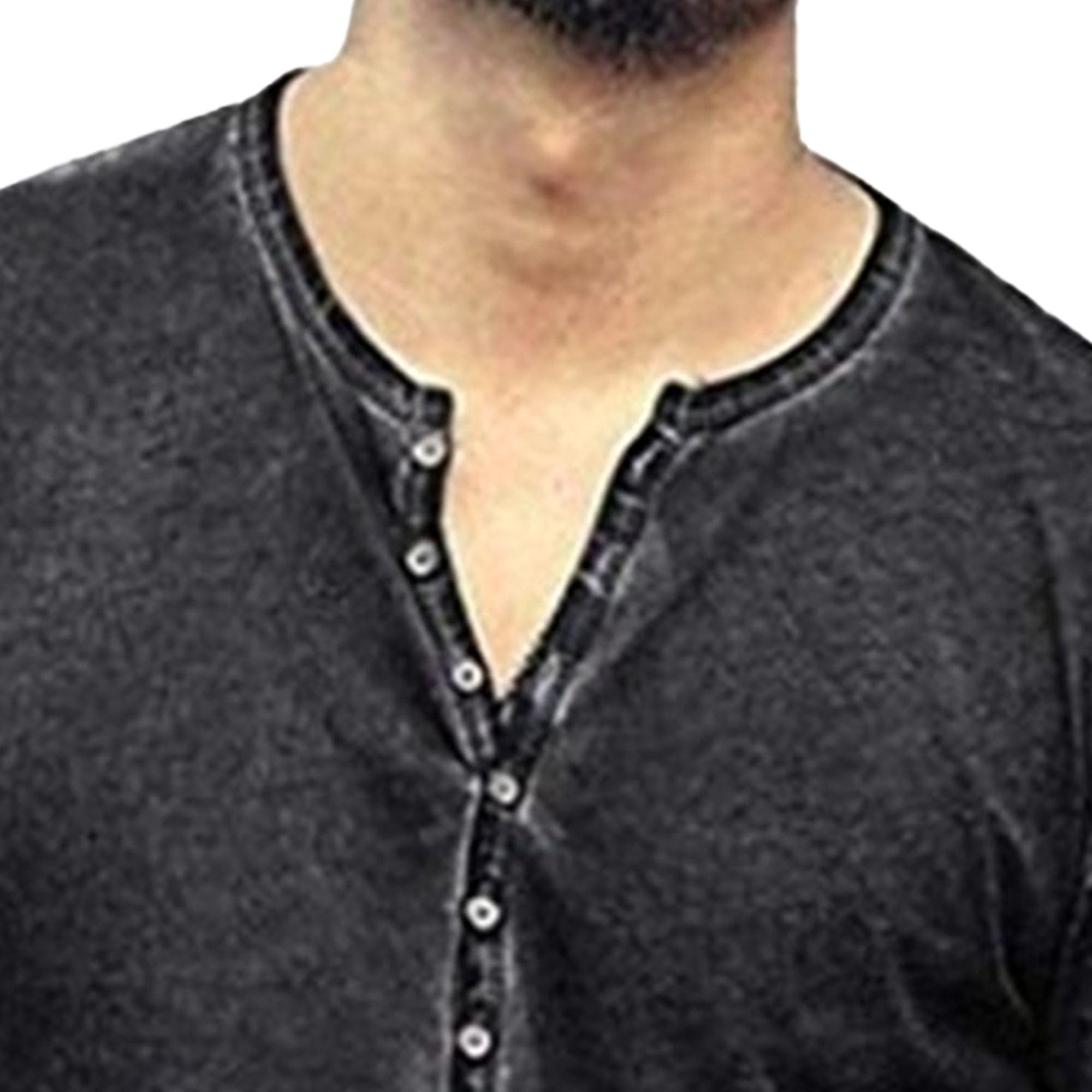 Men Distressed Small V-Neck Cardigan Tops Short Sleeve Casual Slim Henry T-Shirt Summer Quarter Button Thin Shirts (Black,Large)