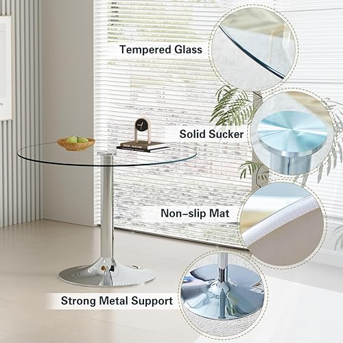 Miniatura 5 de Mesa de comedor de cristal de 40 pulgadas, mesa de comedor redonda con vidrio templado de 0.3 pulgadas y patas de metal cromado, fácil de limpiar,