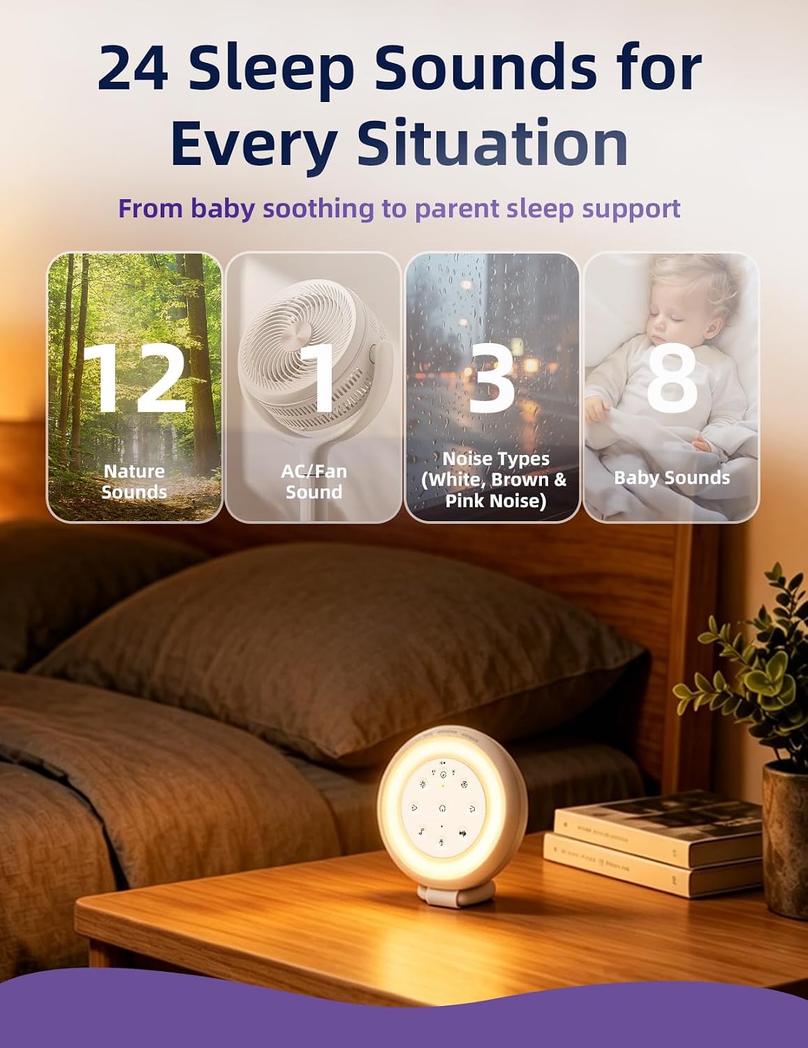 Portable Sound Machine for Baby & Adults, Rechargeable White Noise Machine with 24 Soothing Sounds, Recordable Baby Sleep Soother, Night Light & 7 Color Lights, Travel Sound Machine with Timer