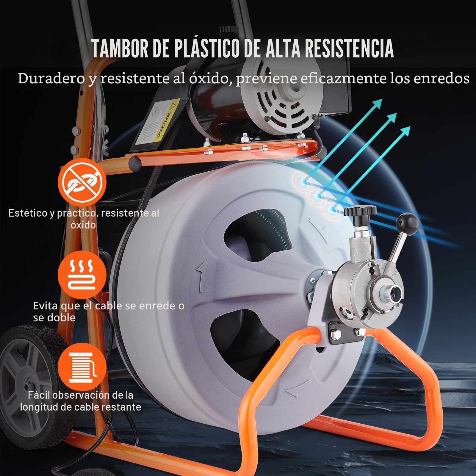 VEVOR Desbloqueador de Tuberías Eléctrico Máquina de Limpieza de Tuberías 22,8m x 1,27cm Limpiador de Tubos de Drenaje con Alimentación Automática Accionamiento Neumático para Tuberías de 5-10 cm