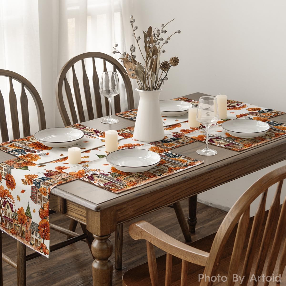 Artoid Mode Pumpkin House Tree Fall Placemats Set of 4-12 x 18 Inch