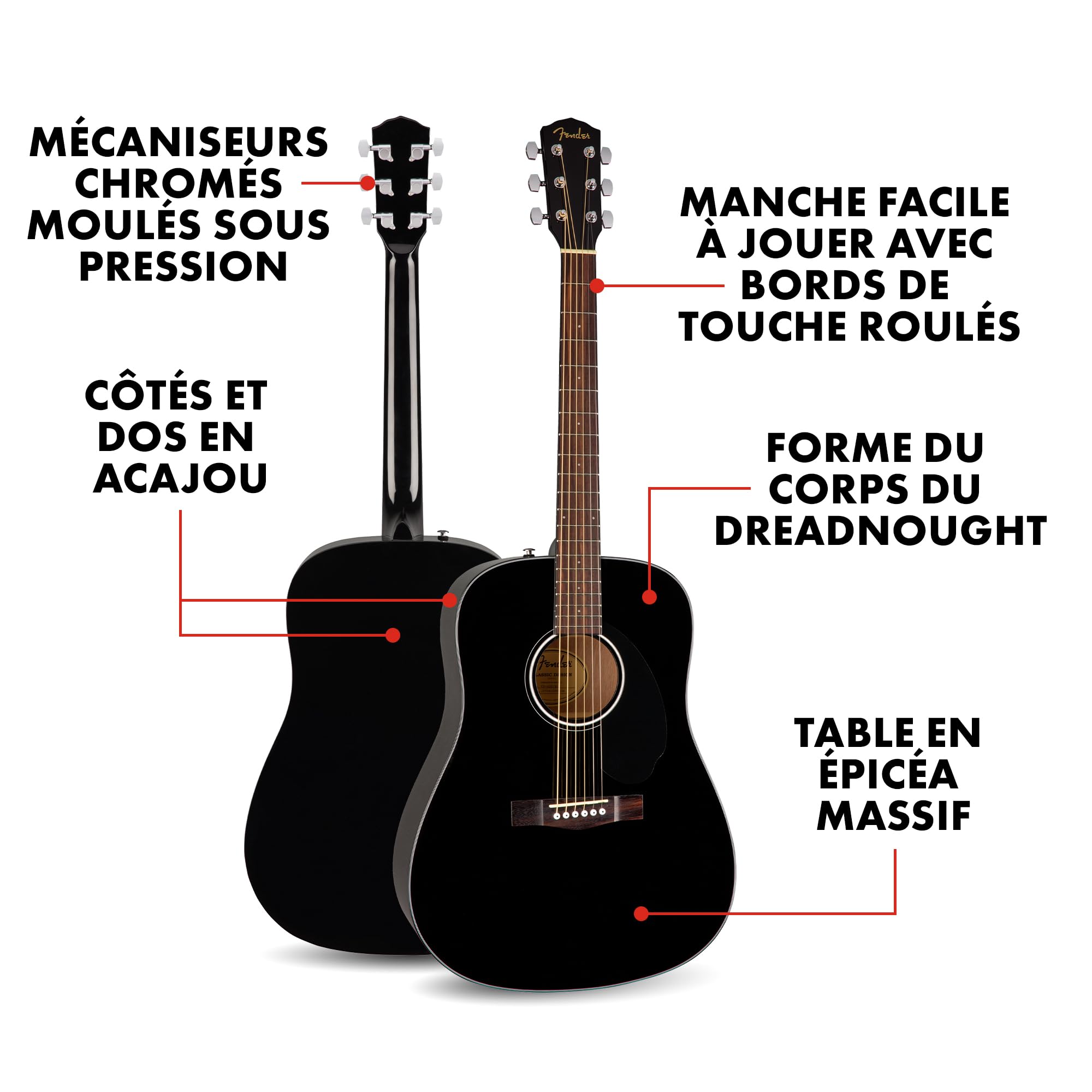 Fender CD-60S Dreadnought Guitare Acoustique, Touche en Noyer, Noir, Inclus des Cours Virtuels Gratuits sur Fender Play