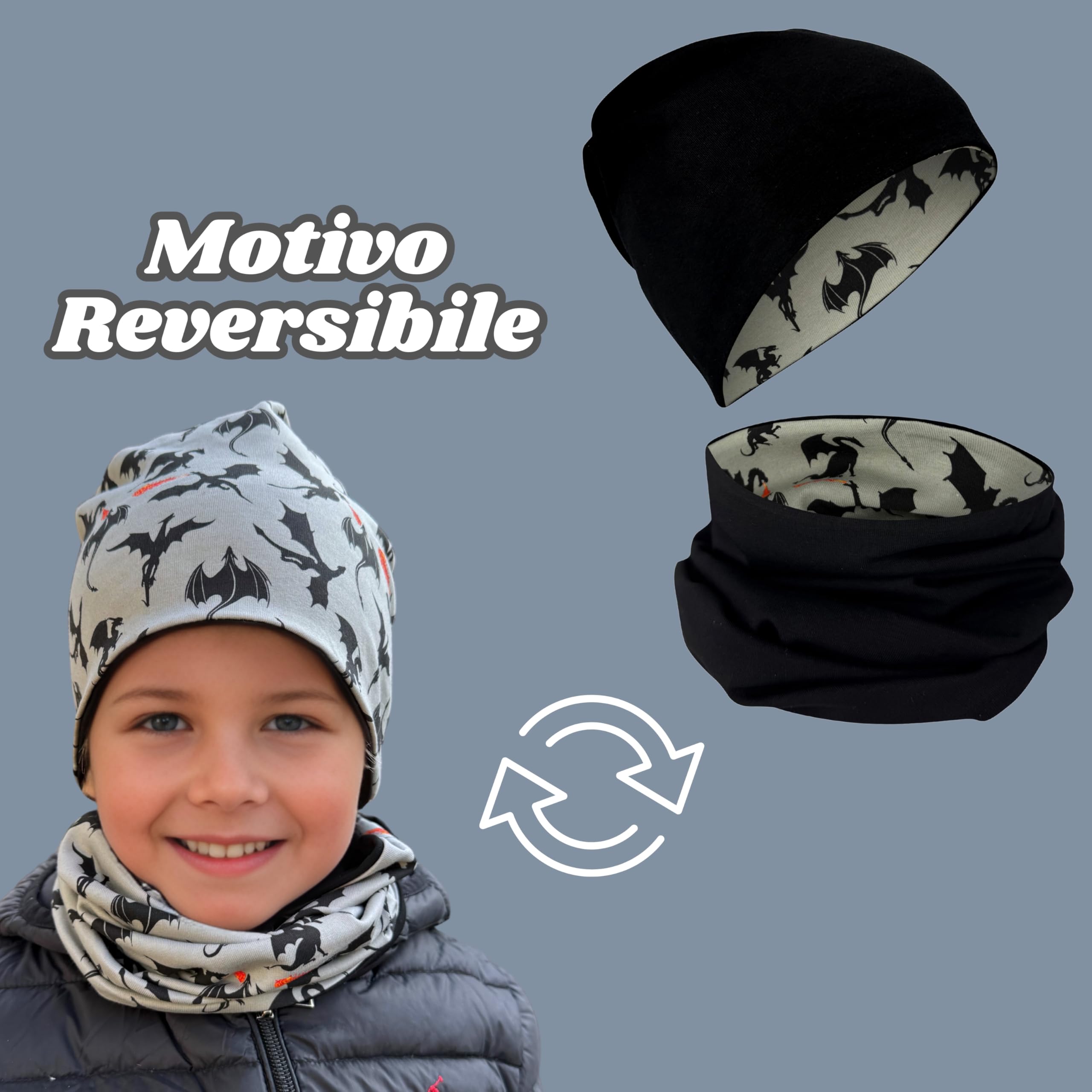 HECKBO Berretto Modello Beanie + Girocollo per Bambini - motivi diversi - con pile o reversibile - da 2 anni - 95% Cotone - Morbido e Pratico Tessuto Elasticizzato - Inverno