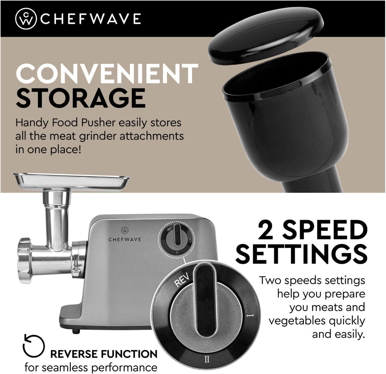 ChefWave Electric Meat Grinder - Stainless Steel Heavy Duty 1800W Max 3-Speed - 4 Grinding Plates, 3 Cutting Blades, Tomato Juicer, Sausage Stuffer Tubes + Cutting Board + Sausage Pricker