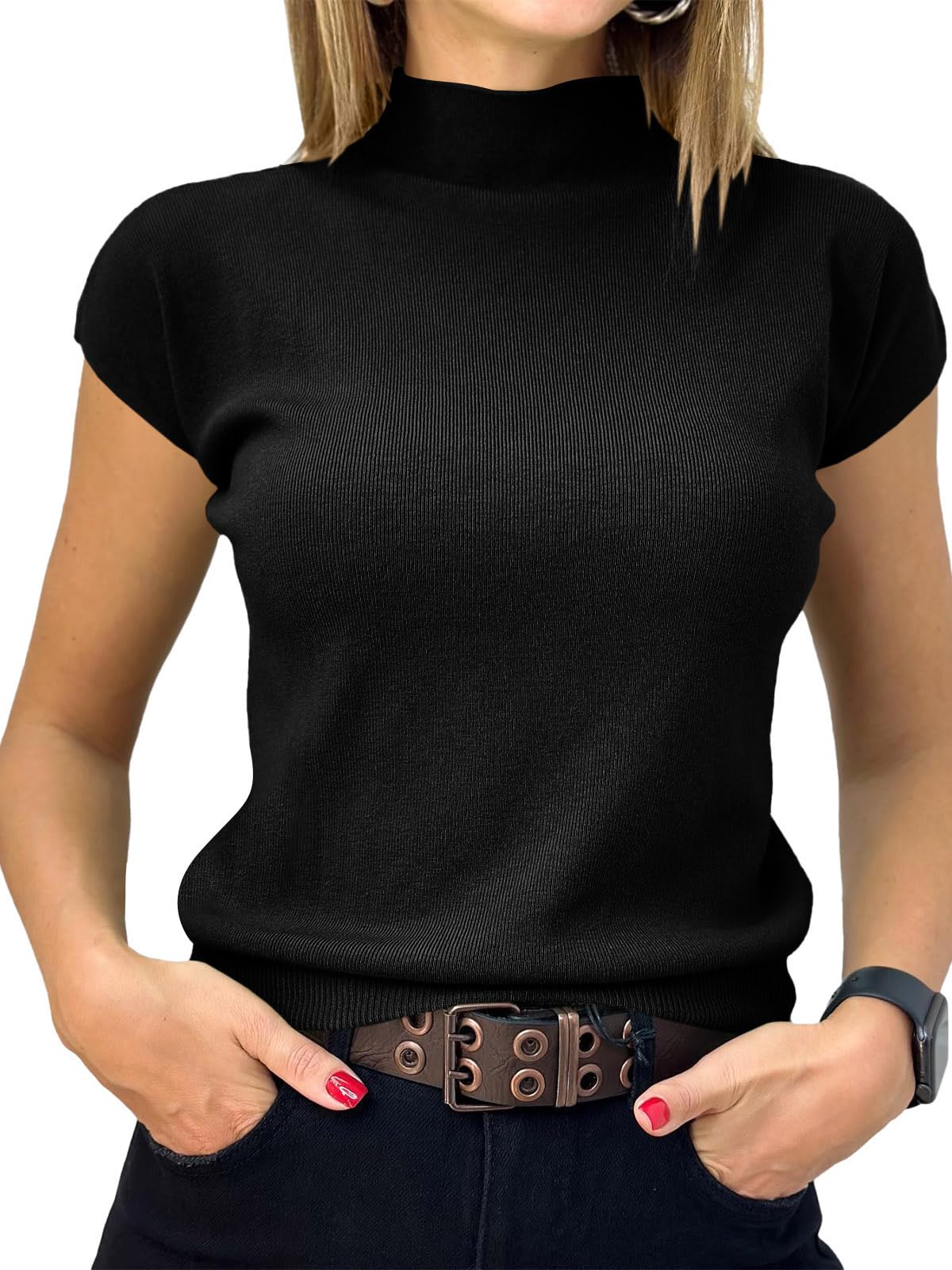 Saodimallsu Womens Short Sleeve Sweater Mock Neck Summer Casual Basic Knit Slim Fitted Pullover Tops Shirt