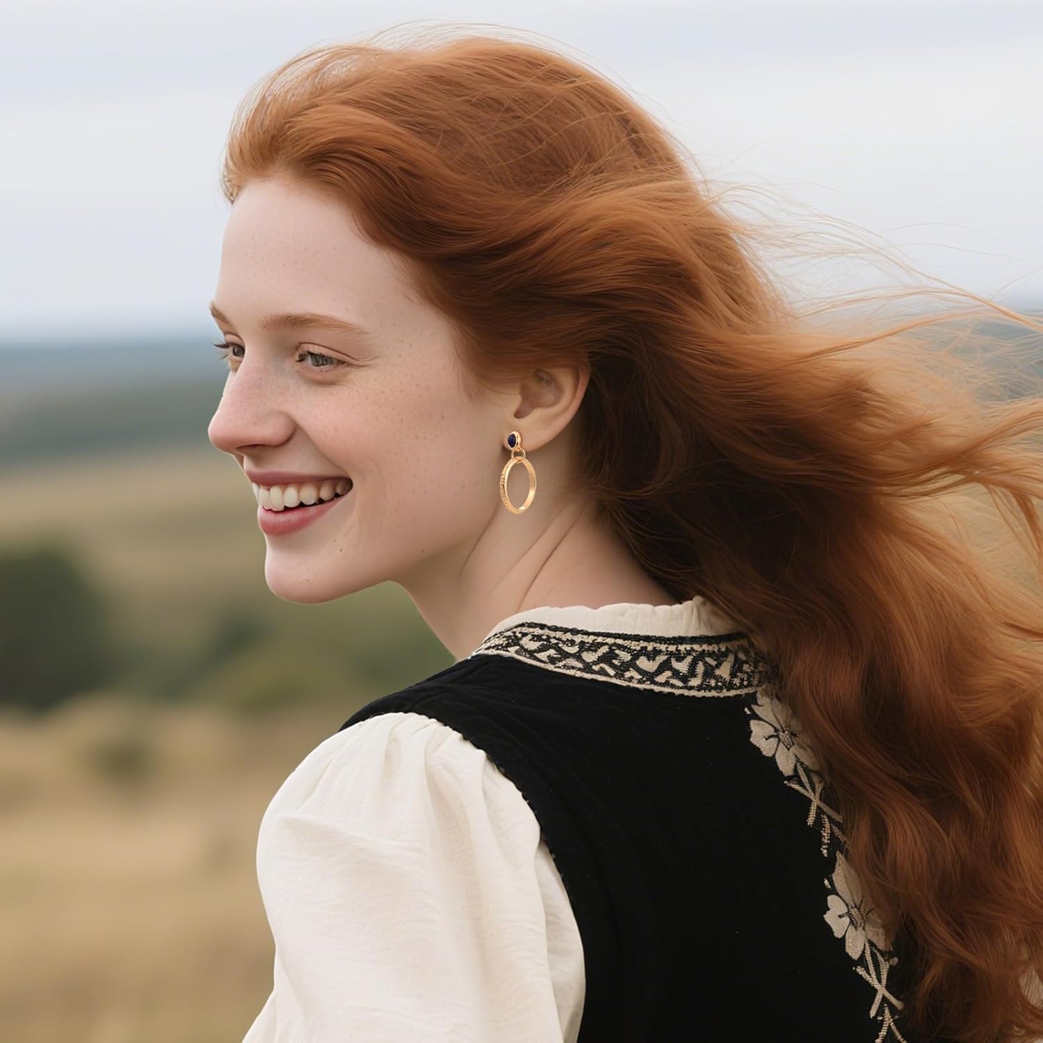 Natural Turquoise Gemstone Birthstone Stud Earrings with Circle Dangle Hoop Earrings Boho style for Vintage Western Jewelry - Image 2