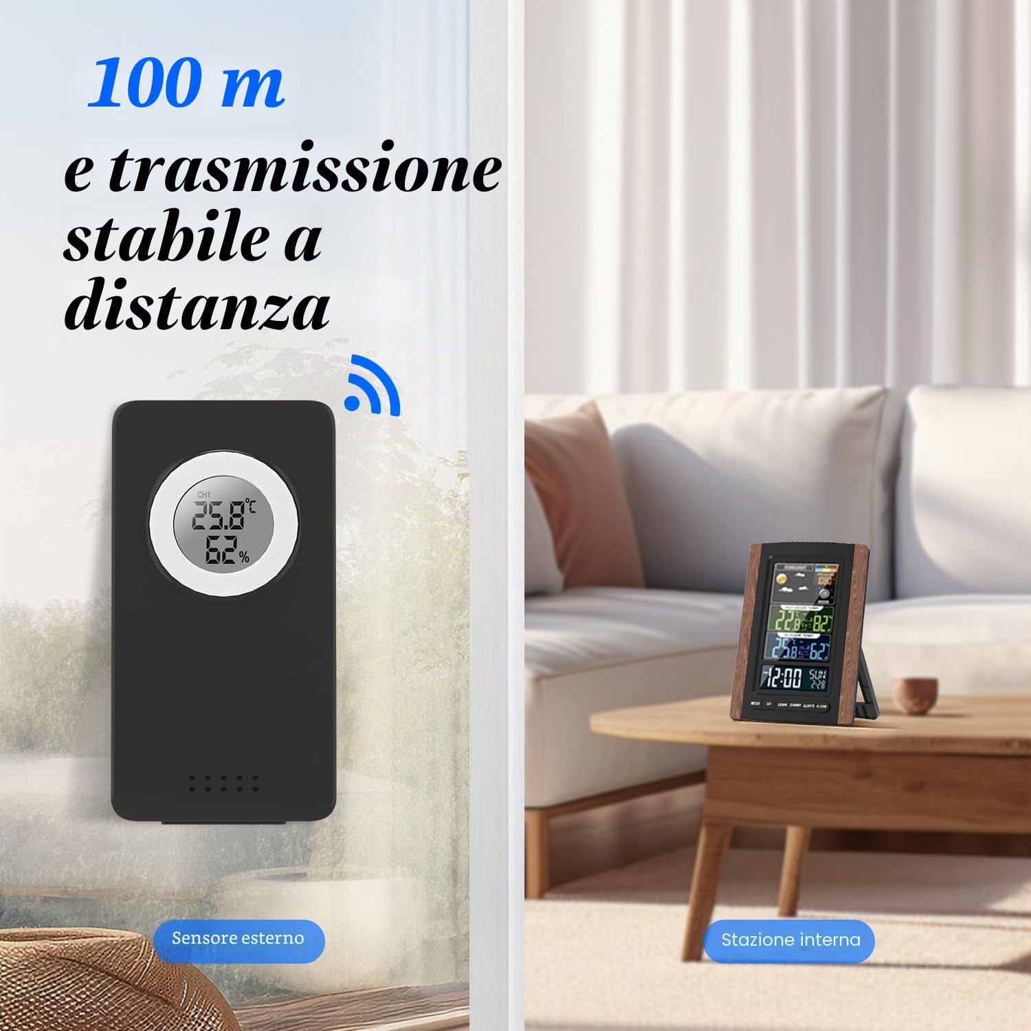 HAPPYMATE Stazione Meteorologica a Colori con Sensore da Esterno,Termometro Lgrometro da Interno e Da Esterno con Ampio Display,Temperatura,Umidità,Previsioni del Tempo,Fasi Lunari e Barometriche