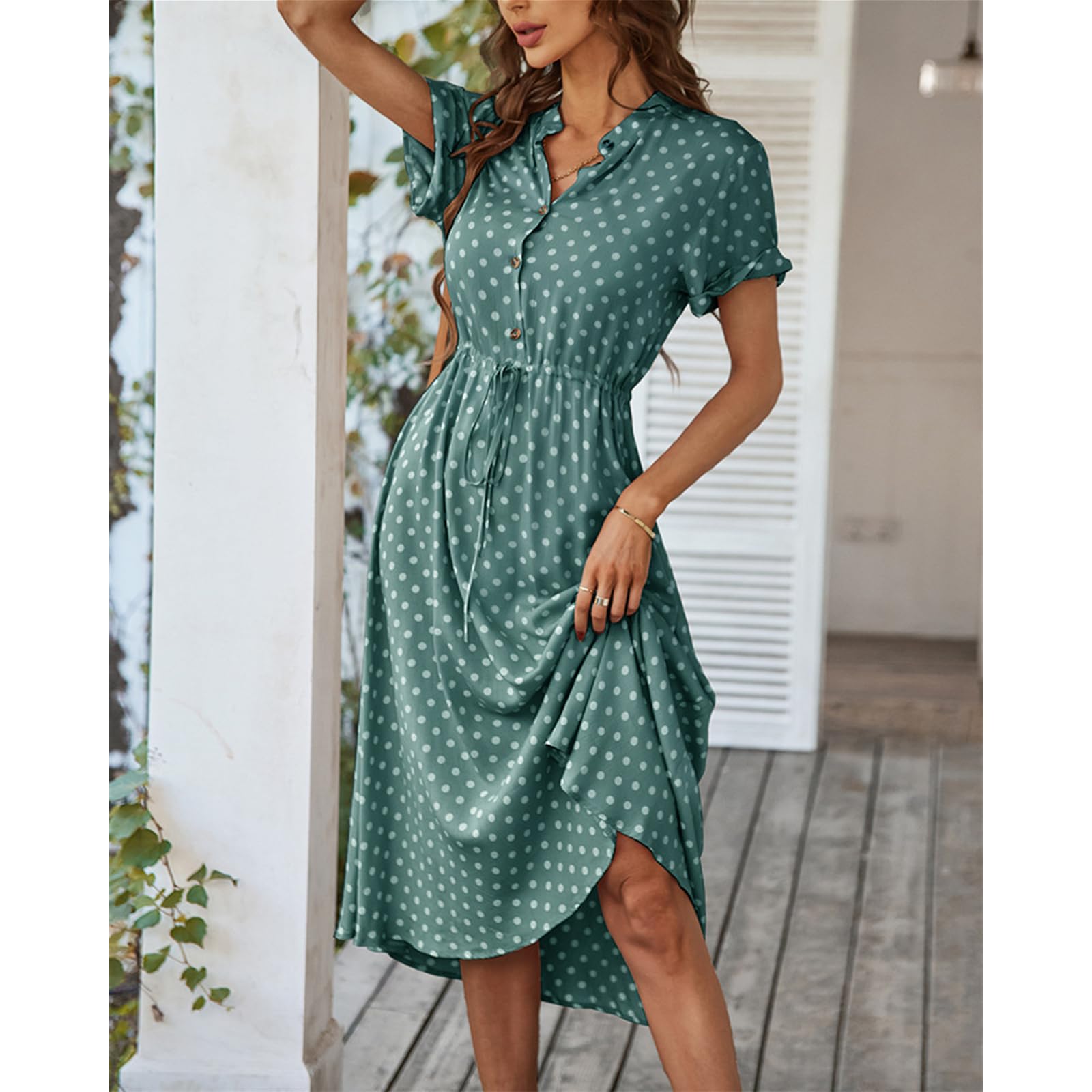 Abito Estivo Delle Donne Casual Lapel Dress Button Down Shirt Dress Swing Dress Polka Dot Vintage Abiti, HUTALIM, Blu, l