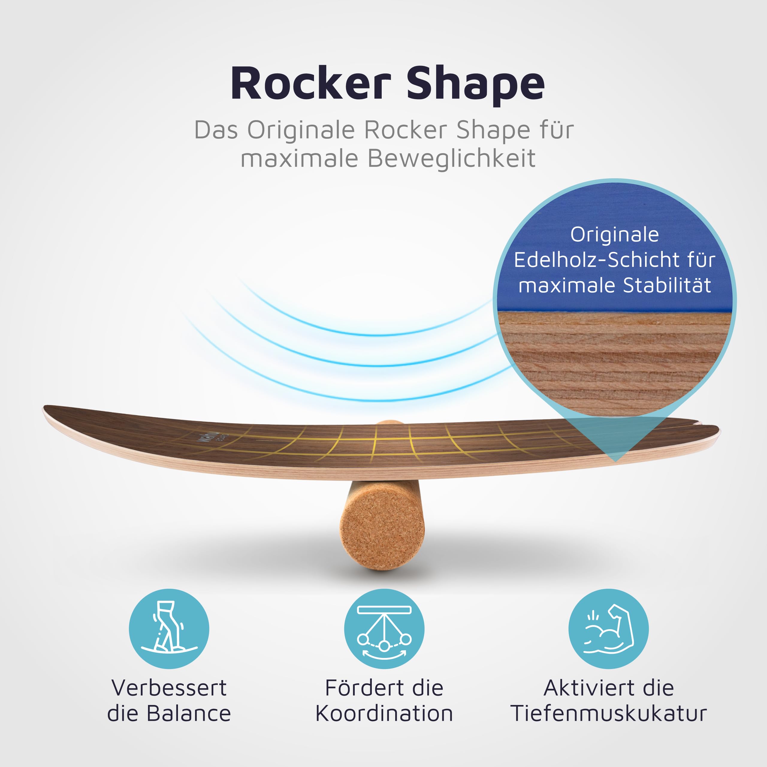 WAHU Balance Board - einzigartiges Board inkl. Halbkugel und Rocker Shape - Surf Balance Board - Gleichgewichtstraining für Kinder und Erwachsene - Board 100% Echtholz