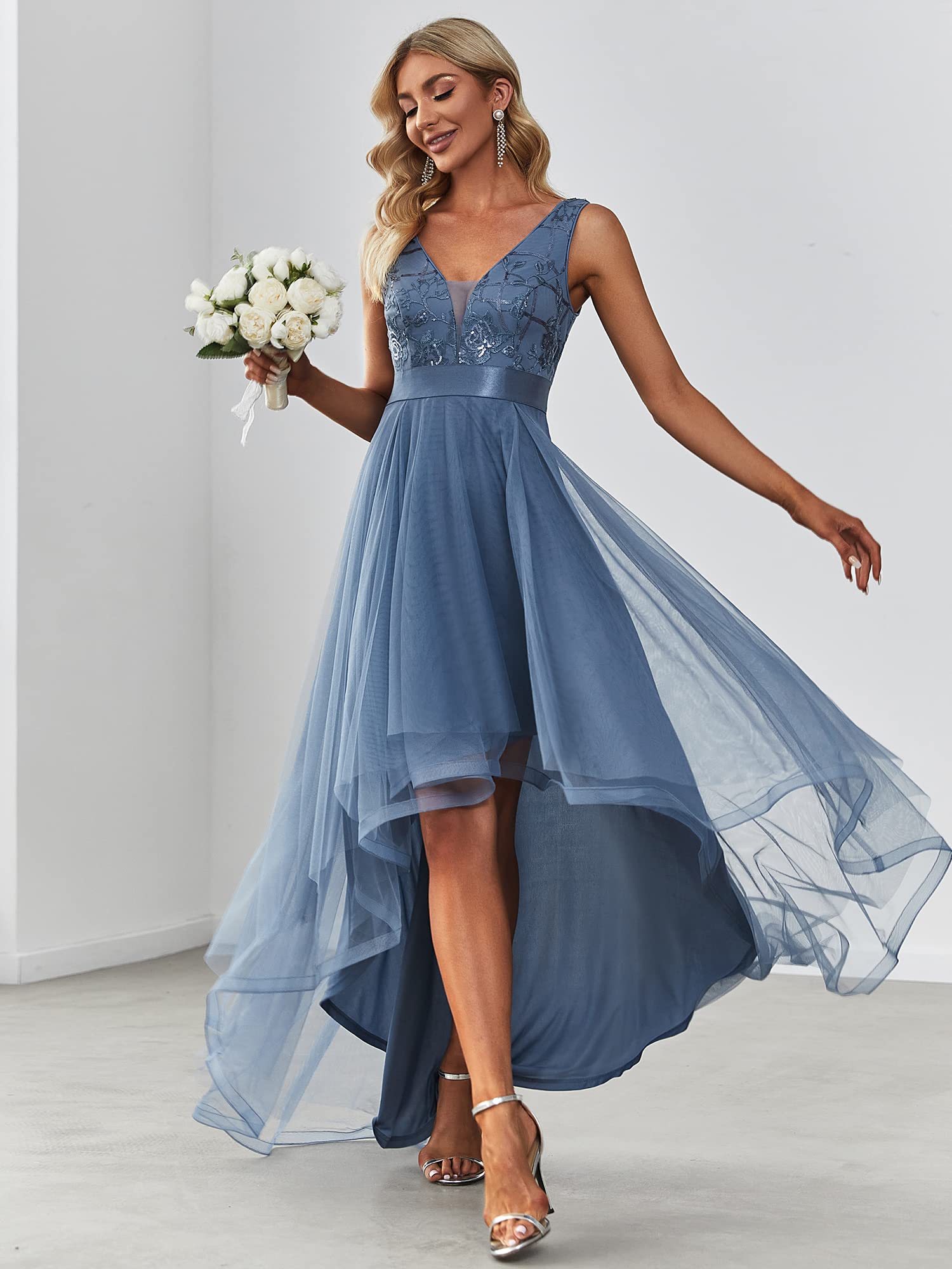 Ever-Pretty Vestiti da Cerimonia e Ballo Stile Impero Linea ad A Scollo a V Hi-Low Elegante Tulle Donna 00793 Taglia Unica