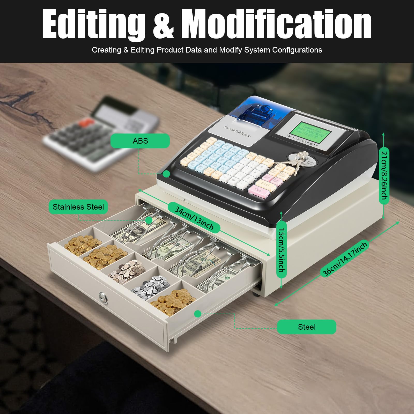 Elektronische Kasse Registrierkasse mit Abschließbarer Schublade Doppelanzeige 48 Tasten Casher Kassensystem Digital LED Anzeige für Einzelhandel Restaurant, Systemsprache Englisch (Schwarz)