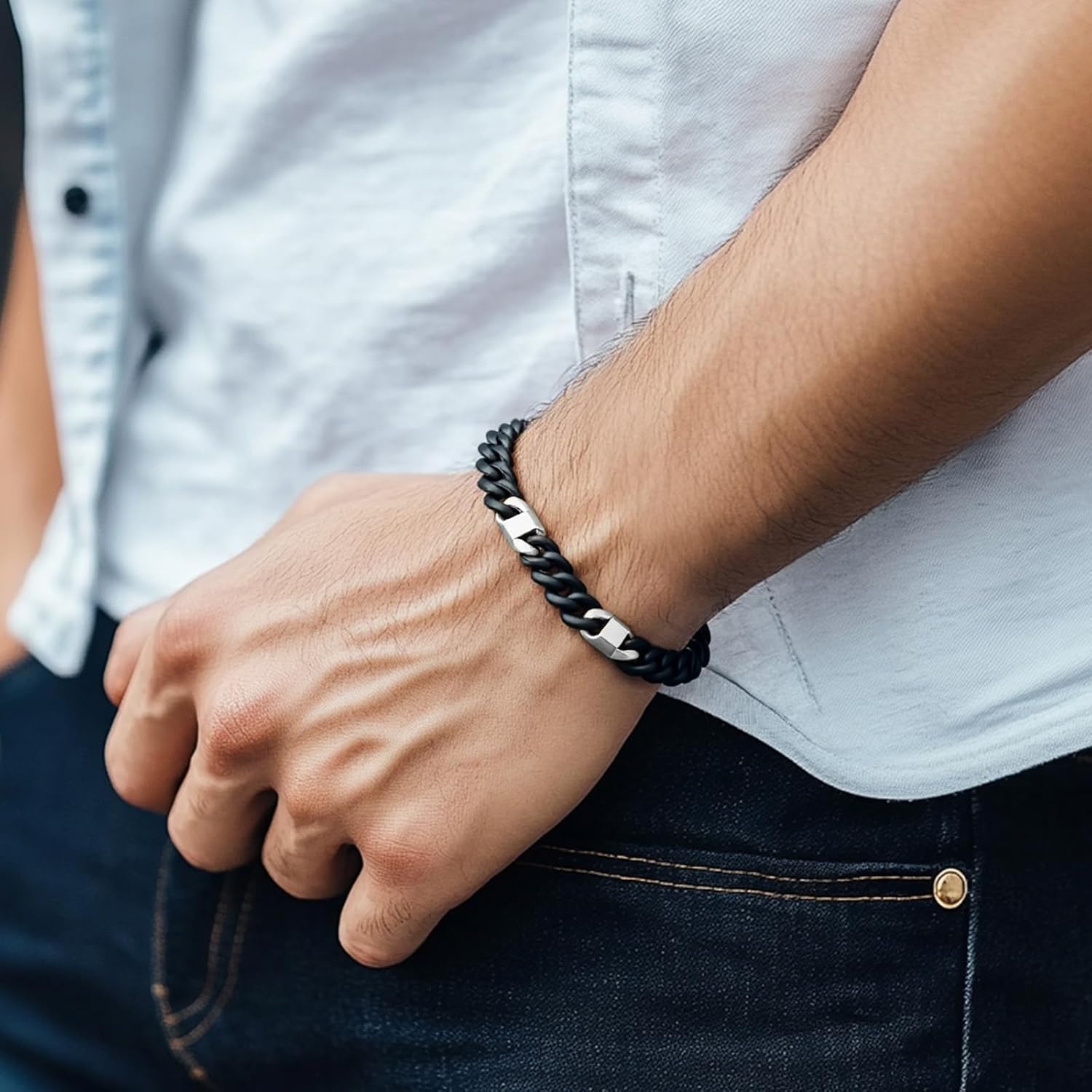 Mens Cuban Chain Link Bracelet - Stainless Steel Cuban Bracelets for Men - Men's Chains Wrist Jewelry Waterproof - Non Tarnish Metal Miami Bracelet - Mens Trendy Simple Thick Durable Link Bracelets Black & Gold 8.5 inch - Image 3