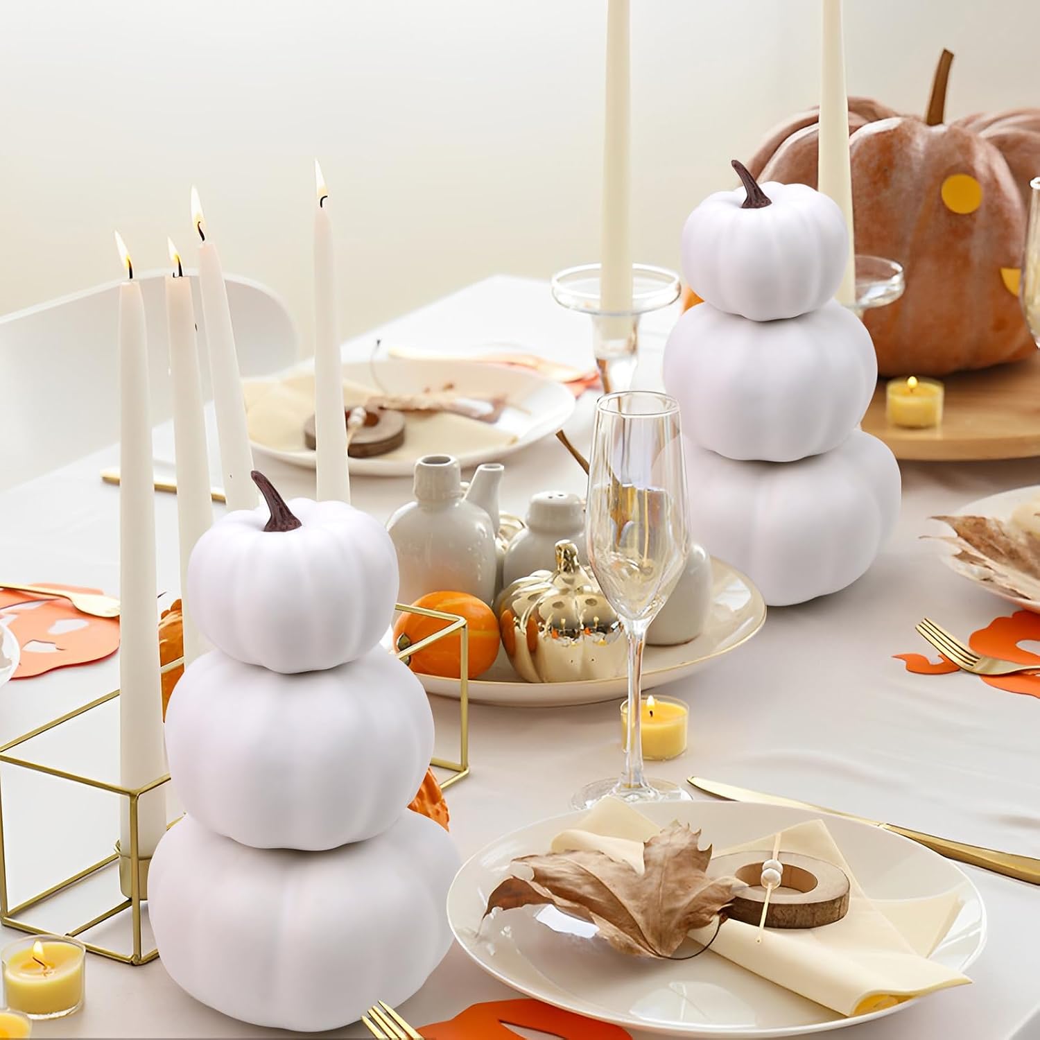 Gresorth 2 Pack Small White Pumpkins Stackable Fake Artificial Halloween Decoration DIY Crafts Paintable Pumpkin for Home Party Table Kitchen Wedding Decorating - 8 Inch
