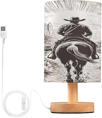 Bedside Table Lamp Western Cowboy Desert Horse Sun Equestrian Table Lamp for Bedroom Nightstand Lamp with USB Port LED Desk Lamp Shade Living Room Dorm Office