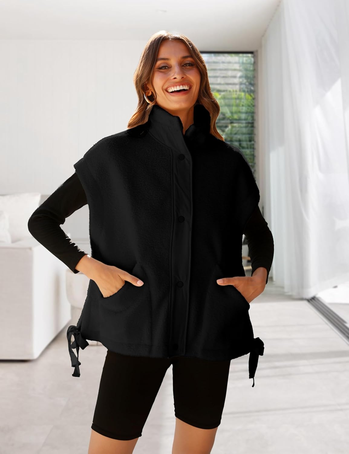 Sherpa Jacket for Women Casual Fleece Vest Oversized Sleeveless Outwear Warm Button Down Gilet with Pockets - Image 2