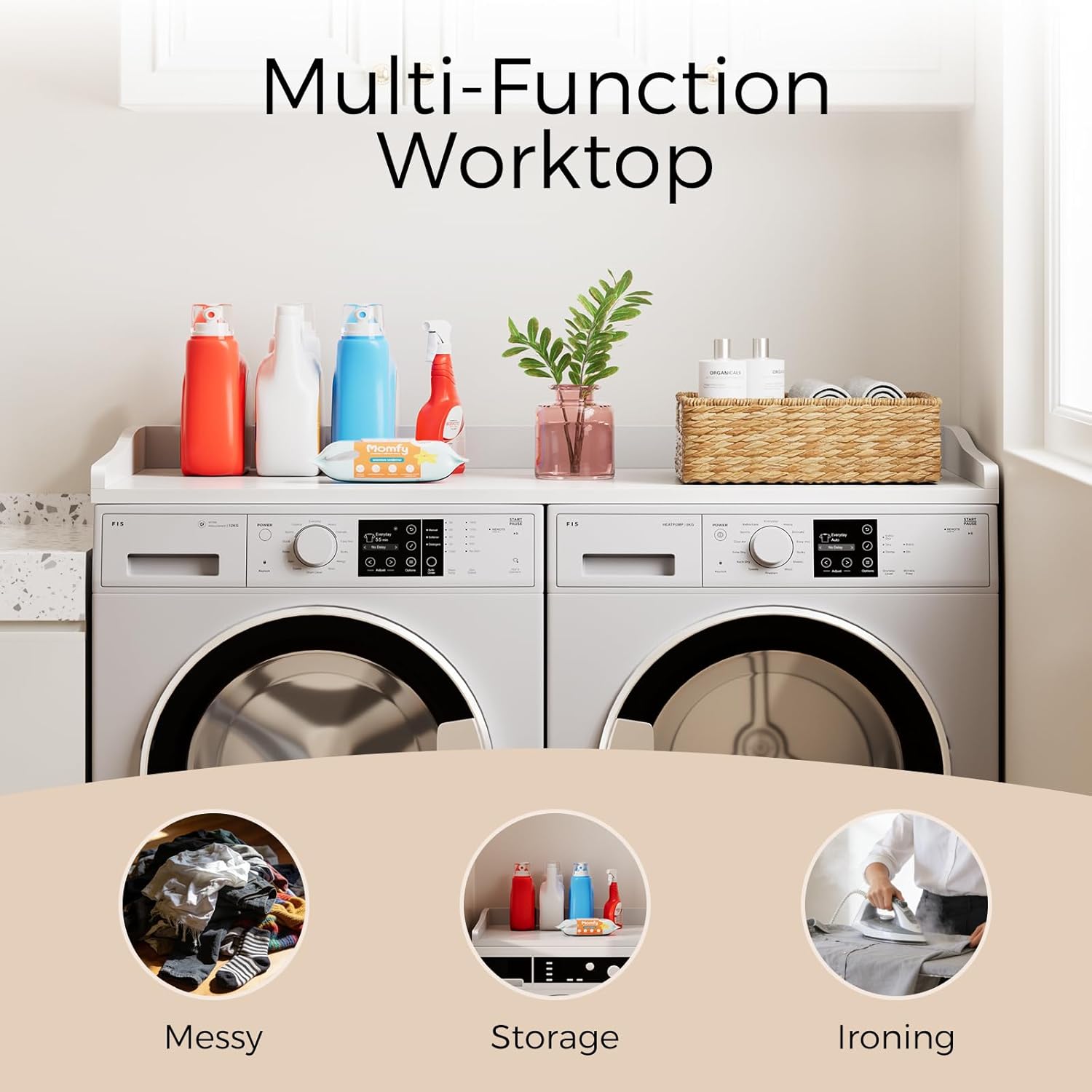 OAKHAM HOME Washer Dryer Countertop 54" W x 27.5"D Washer Dryer Topper with Non-Slip Pads Laundry Countertop for Laundry Room Organization and Storage, White