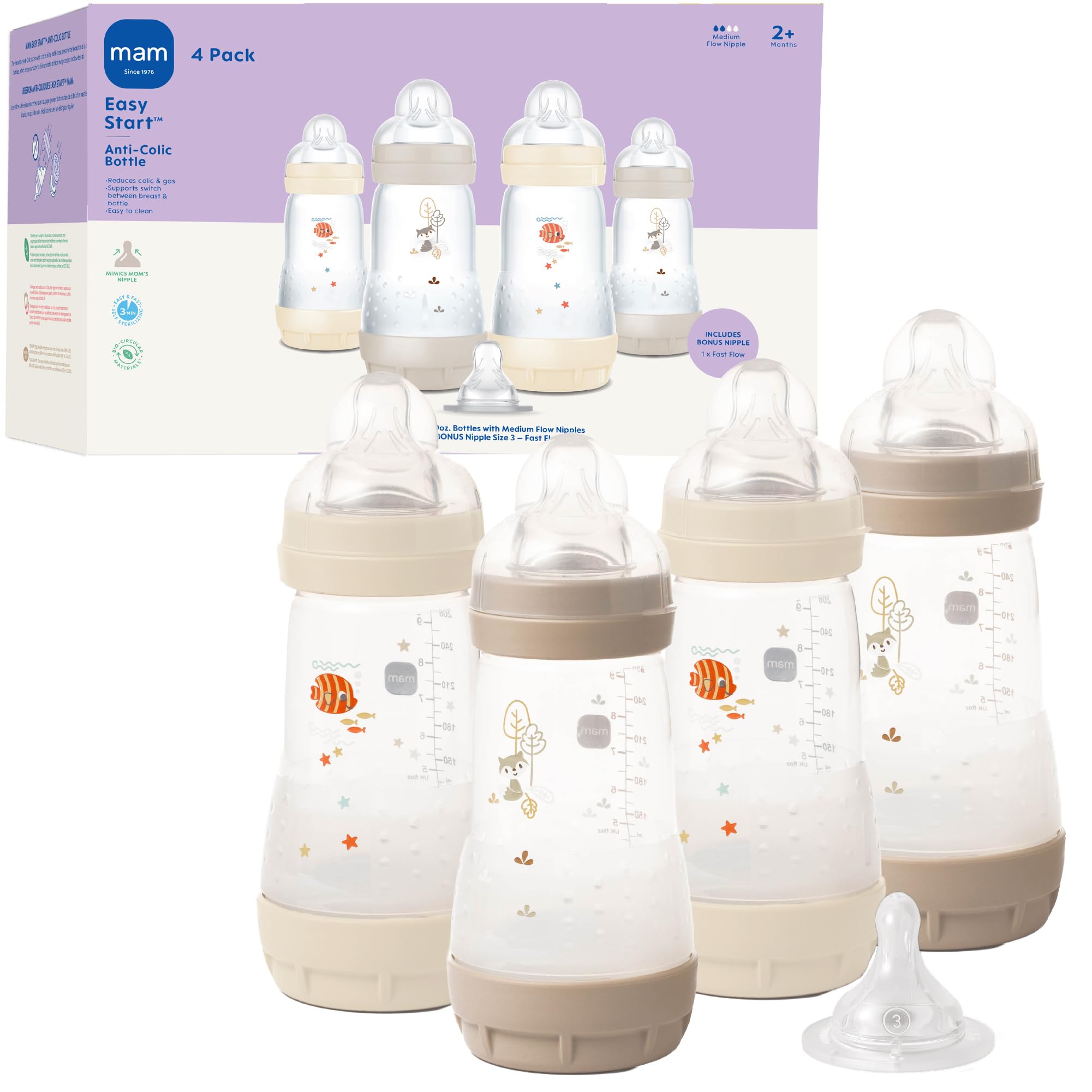 MAM 9oz Easy Start Anti-Colic Wide Neck Baby Bottle, Medium Flow Breastfeeding-Like Nipple, Reduces Colic Gas & Reflux, Easy to Clean, BPA Free, 2+ Months, Made in Europe, Bonus Fast Flow Nipple, 4 Pk