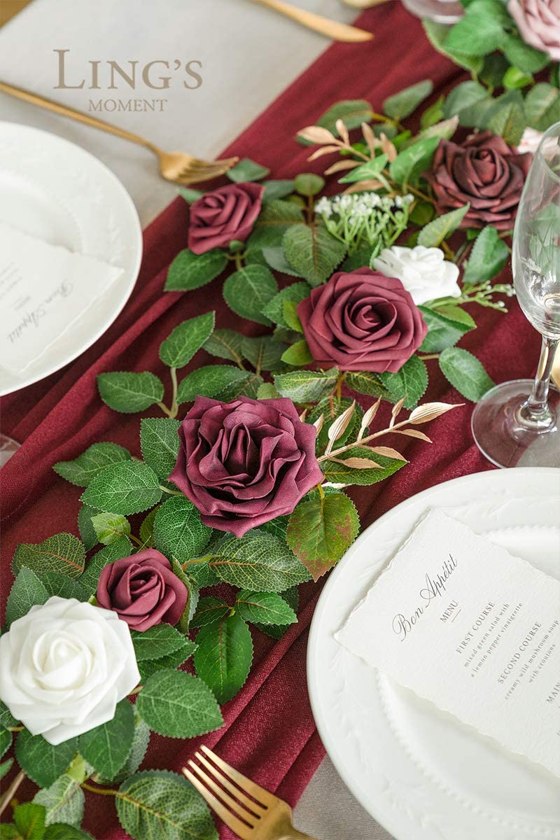 Ling's moment Artificial Rose Flower Runner Rustic Flower Garland