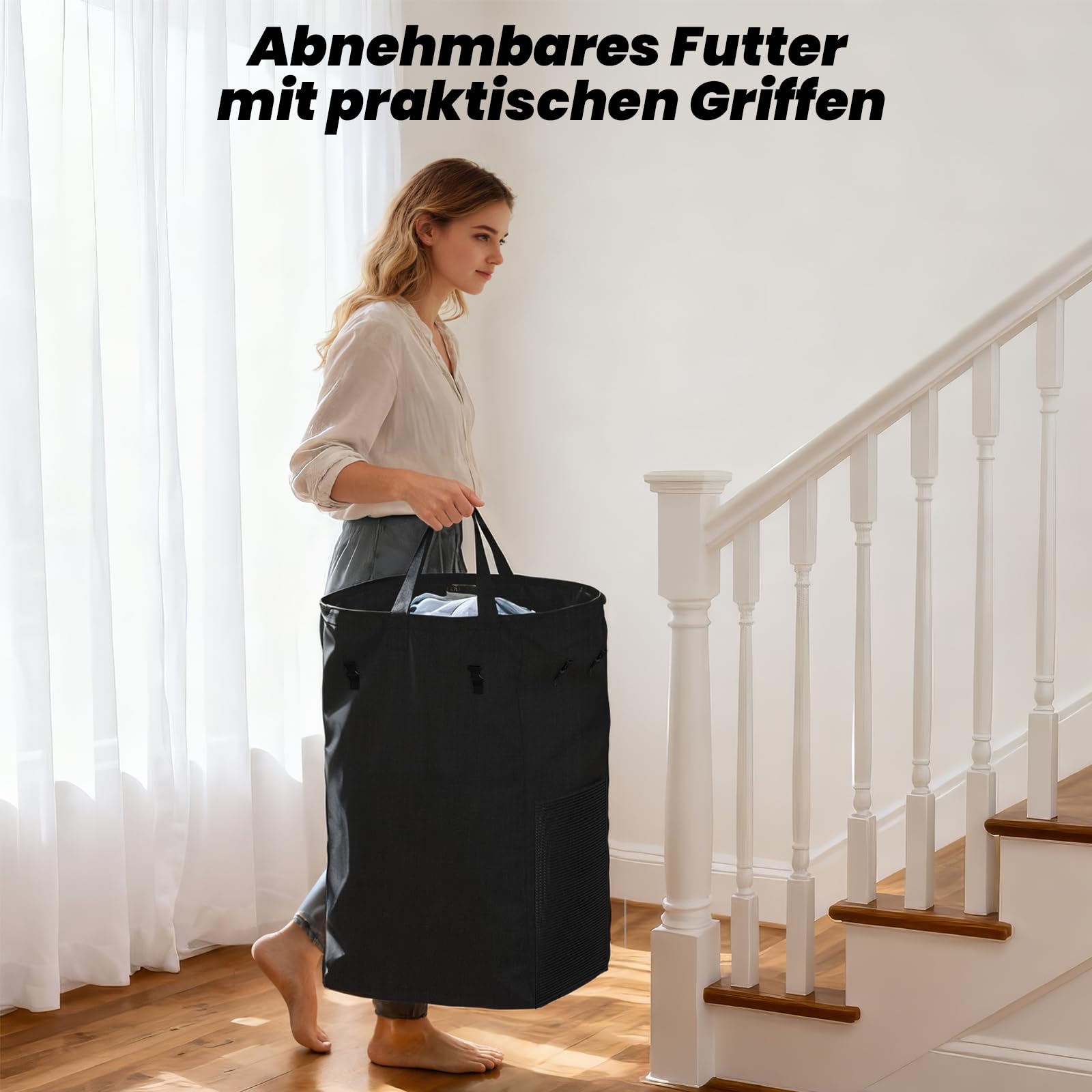 großer Wäschekorb, Wäschekorb Kleiderkorb, Metallrahmen und abnehmbare Taschen Design mit Rädern, geeignet für Schlafzimmer, Bad, Schlafsaal (Schwarz)