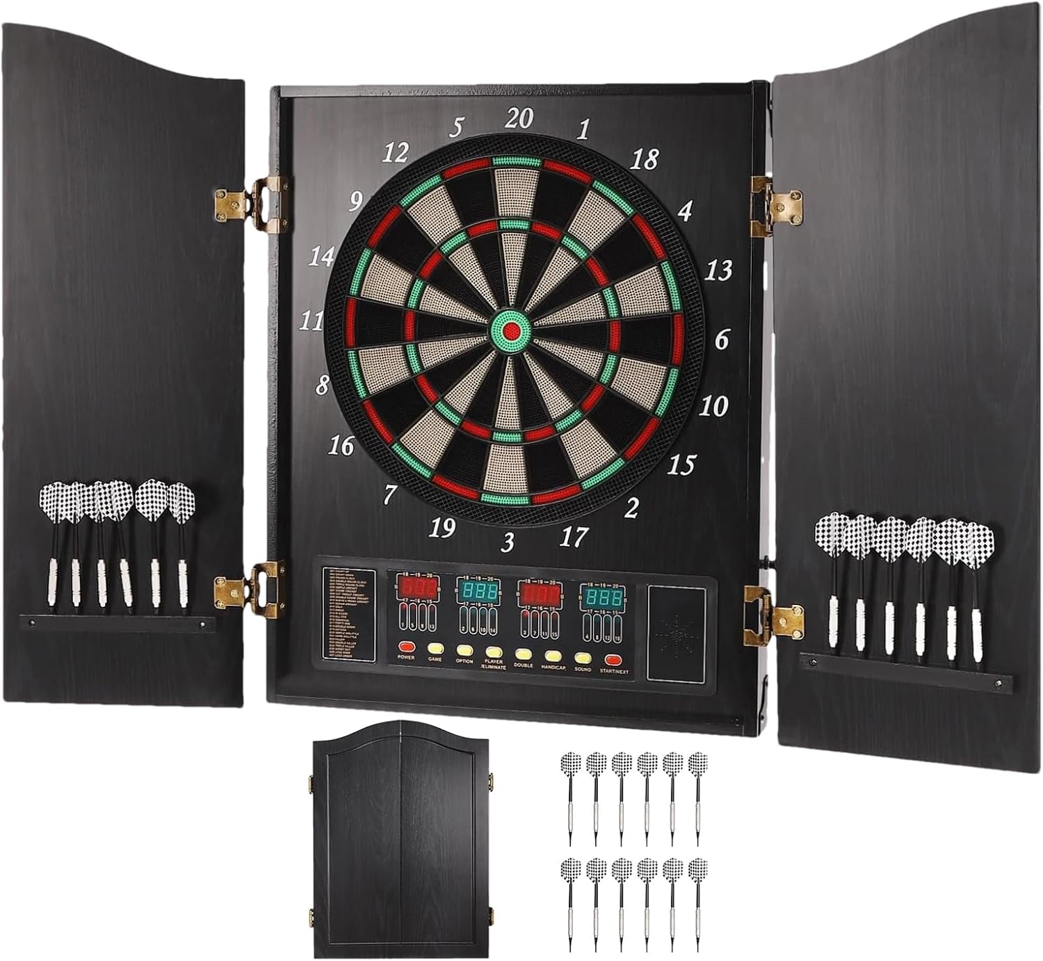Pro Electronic Dartboard Cabinet Set with LED Digital Scoreboard Electronic Dart Board Over 27 Games and 243 Variations for Adults Built-in MDF Cabinet for 12 Soft Tip Darts 88 Tips 16-Player Scoring