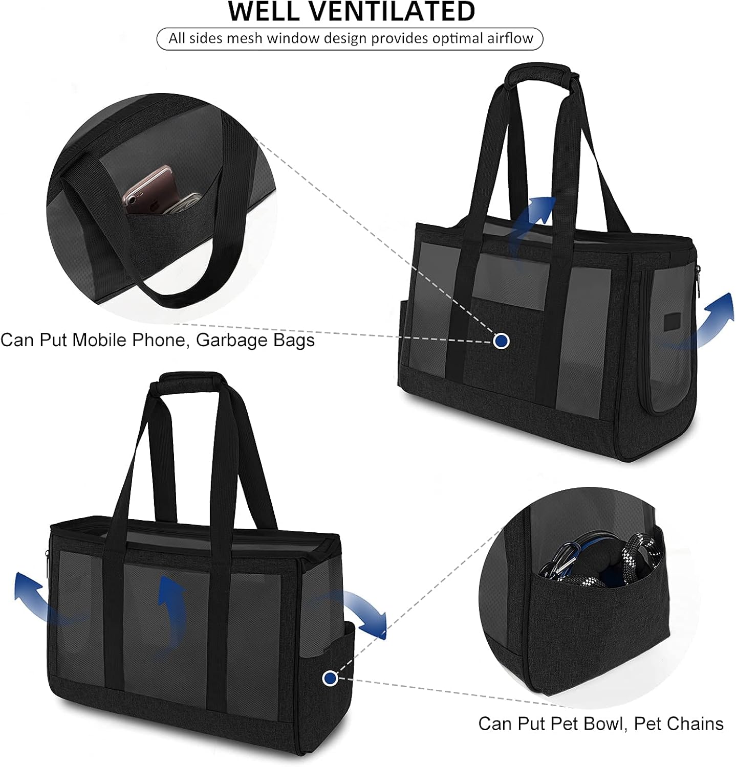 carebuty Dog Purse Carrier for Small Dogs Cats, Breathable Mesh Soft-Sided Small Pet Tote Bag with Safety Tether, Lightweight Pet Handbag with Pad for Outdoor Travel Walking Shopping (Large,Black) : Pet Supplies
