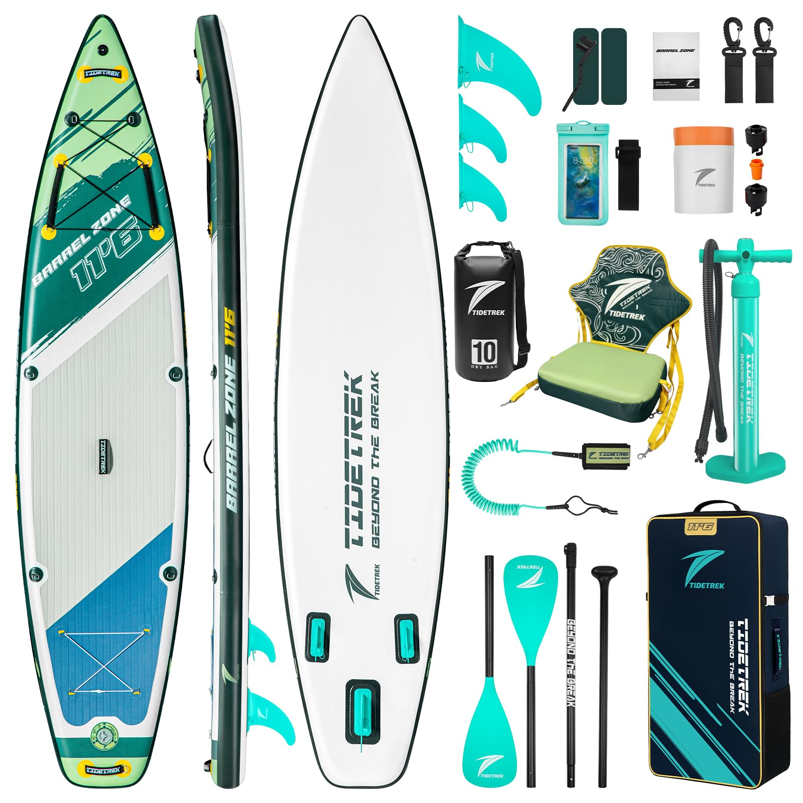 TIDETREK 11'6" Inflatable Stand Up Paddle Boards, Premium SUP Accessories, Non-Slip Comfort Deck for Youth & Adults