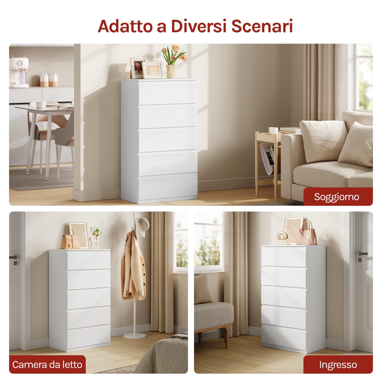 WOLTU Cassettiera Camera da Letto con 5 Cassetti Bianca, Mobiletto Salvaspazio in Stile Moderno, per Soggiorno Ingresso, 60x37x110 cm, in Legno, KMD006ws