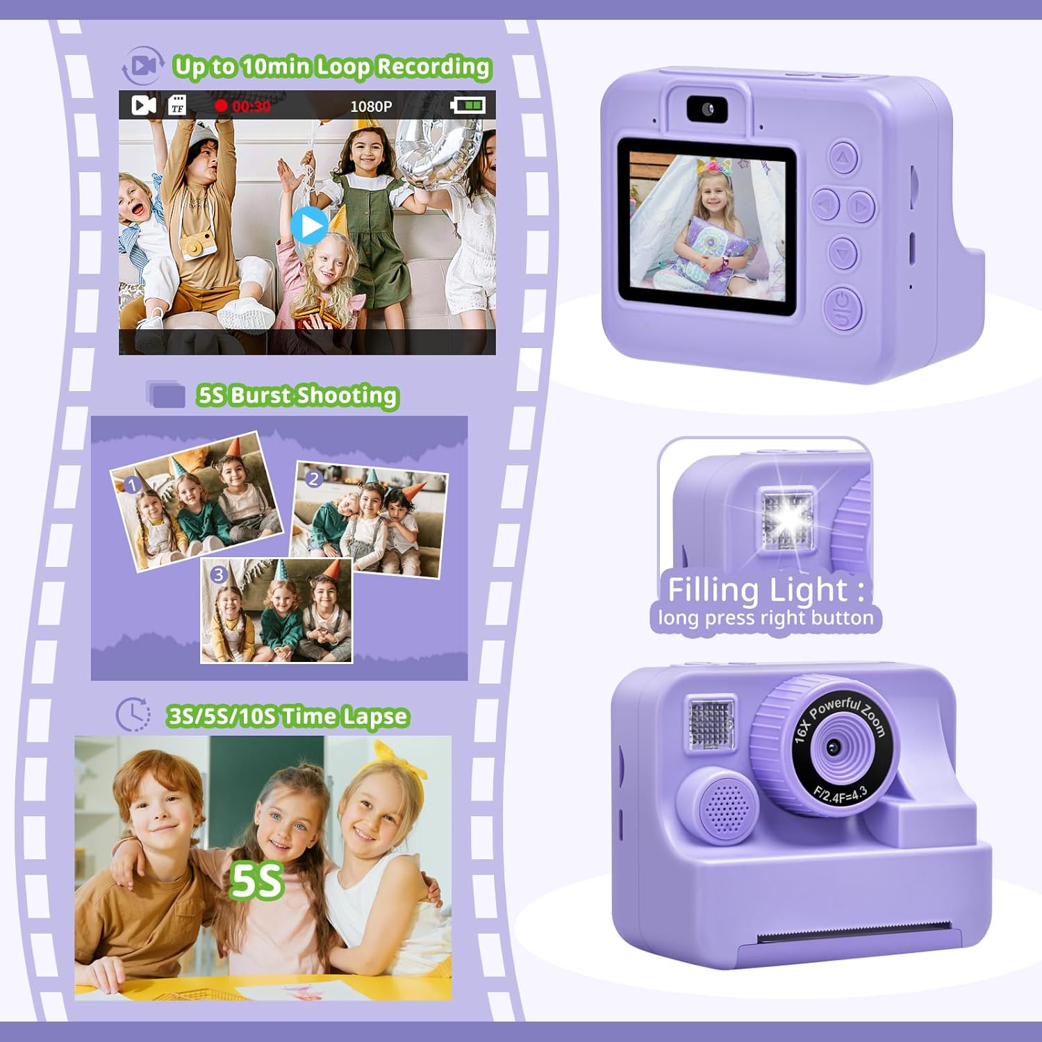 Kids Camera Instant Print Portable Dual-Lens Selfie Camera with Print Paper & 32G Card, Photo 1080P HD Toddler Digital Printing Camera for 4 5 6 7 8 9 10 Years Old Girls Boys, Purple image 8 of 8 B0D9673MW3