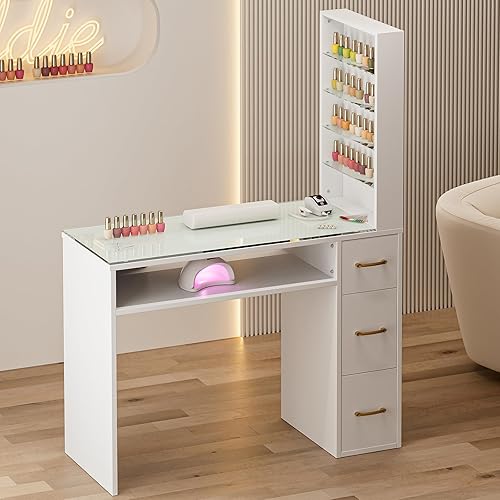 Miniatura 8 de Paddie Mesa de manicura para tecnología de uñas con cajones, estación de escritorio de uñas superior de vidrio con estantes de almacenamiento, cojín