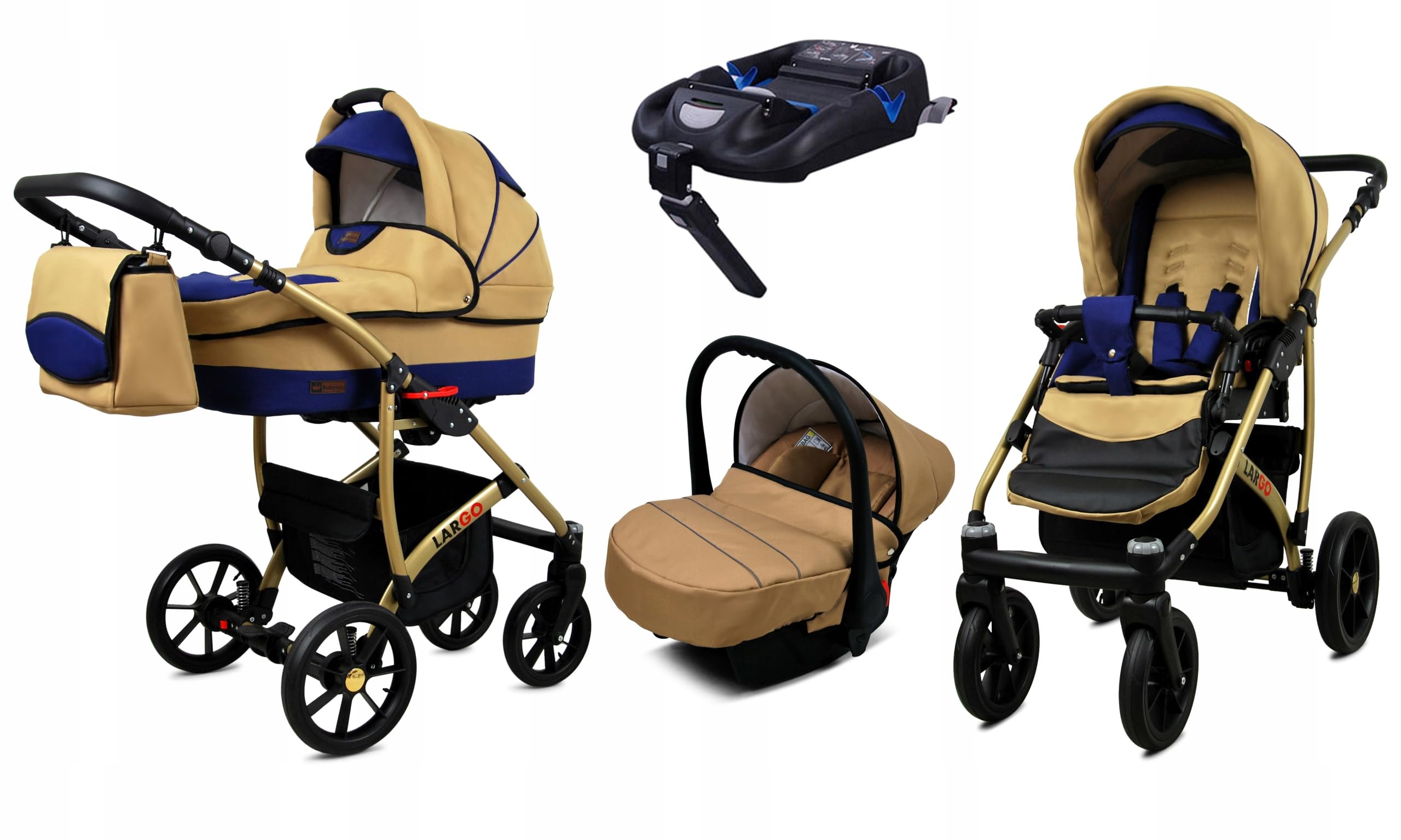 BabyLux Zestaw wózków dziecięcych 4 w 1 – Largo – w zestawie wanienka dla niemowląt, fotelik sportowy, fotelik samochodowy, stacja bazowa ISOFIX – fotelik samochodowy – zestaw wózków dziecięcych