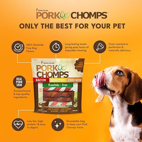 Miniatura 3 de Pork Chomps Masticables de piel de cerdo horneada para perros, giros de 6 pulgadas, sabores surtidos, 12 unidades