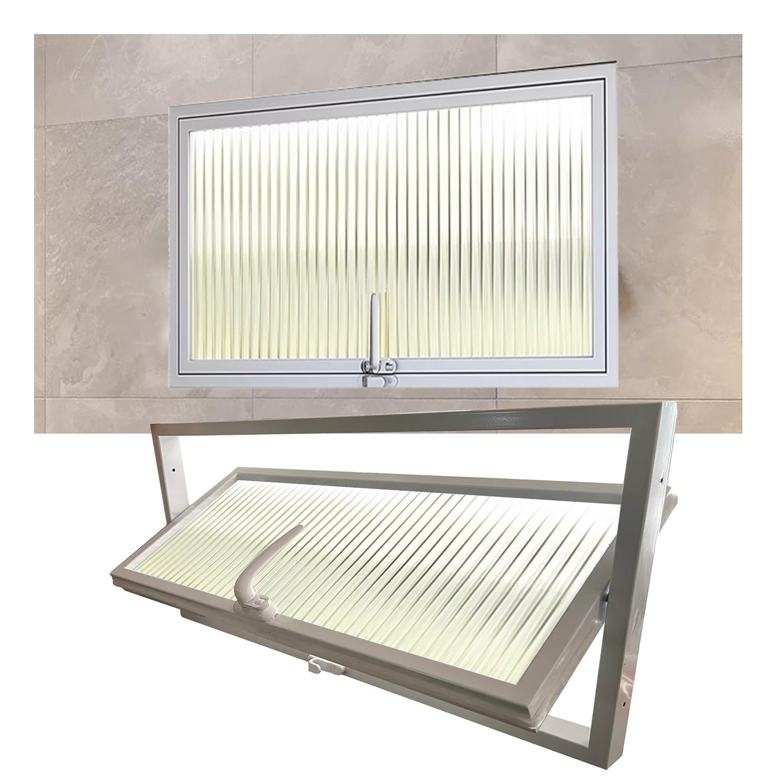 Fenêtre de cabanon encastrée avec Cadre en Alliage d'aluminium et vitre de confidentialité, éclairage Rotatif à 360°, Petite fenêtre rectangulaire (Blanc, 70 x 30 cm)