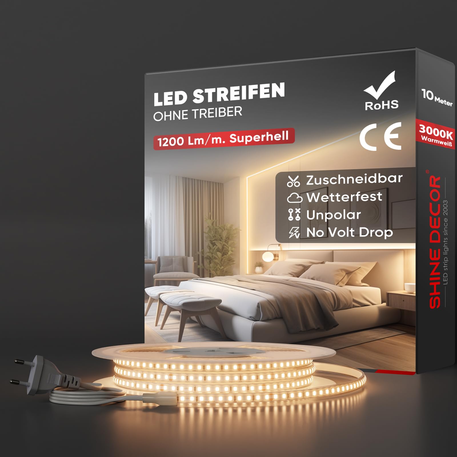 Shine Decor LED Streifen, AC 220V 230V IP65 Wasserdicht LED Band, SMD 2835 120 leds/m Ultrahohe Helligkeit Lichtleiste für Home Decoration Küche Garten LED Beleuchtung