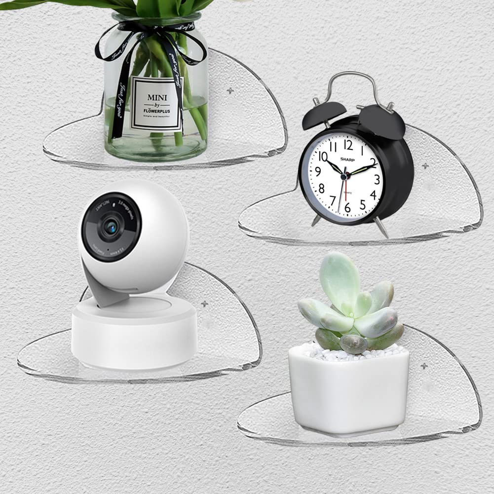 DEARLIVES 4 Pcs Mini Floating Wall Shelves Set,Self Adhesive Acrylic Floating Shelves,No Drill Display Shelves,Small Wall Mounted Shelf for Kitchen,Living Room,Bathroom,Office