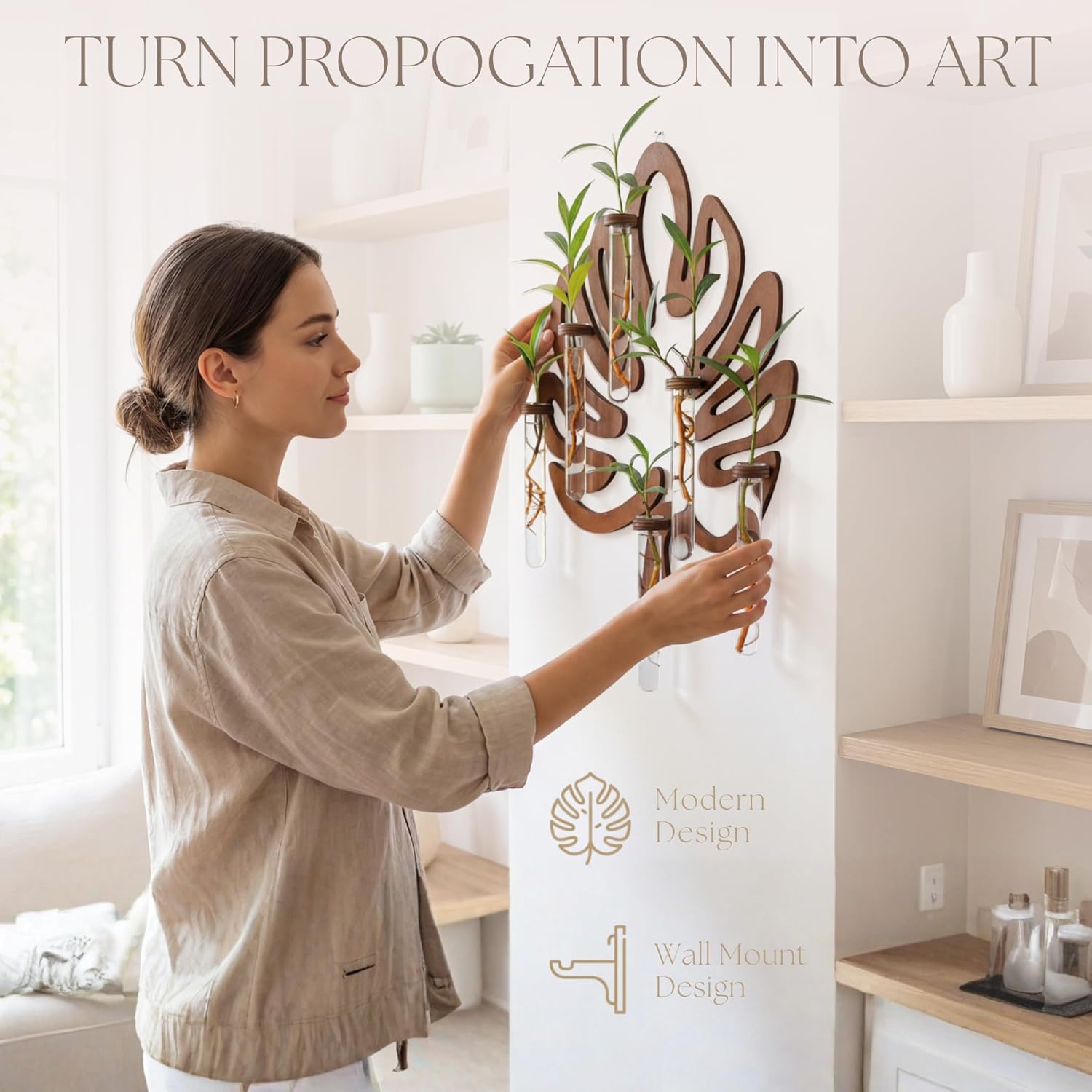 2Special Propagation Stations | Hanging Propagation Station and Wall Planters for Indoor Plants | Wooden Wall Vase, 6+1 Glass Propagation Vases for Plants | Leaf Shape Plant Propagation Station - Image 2