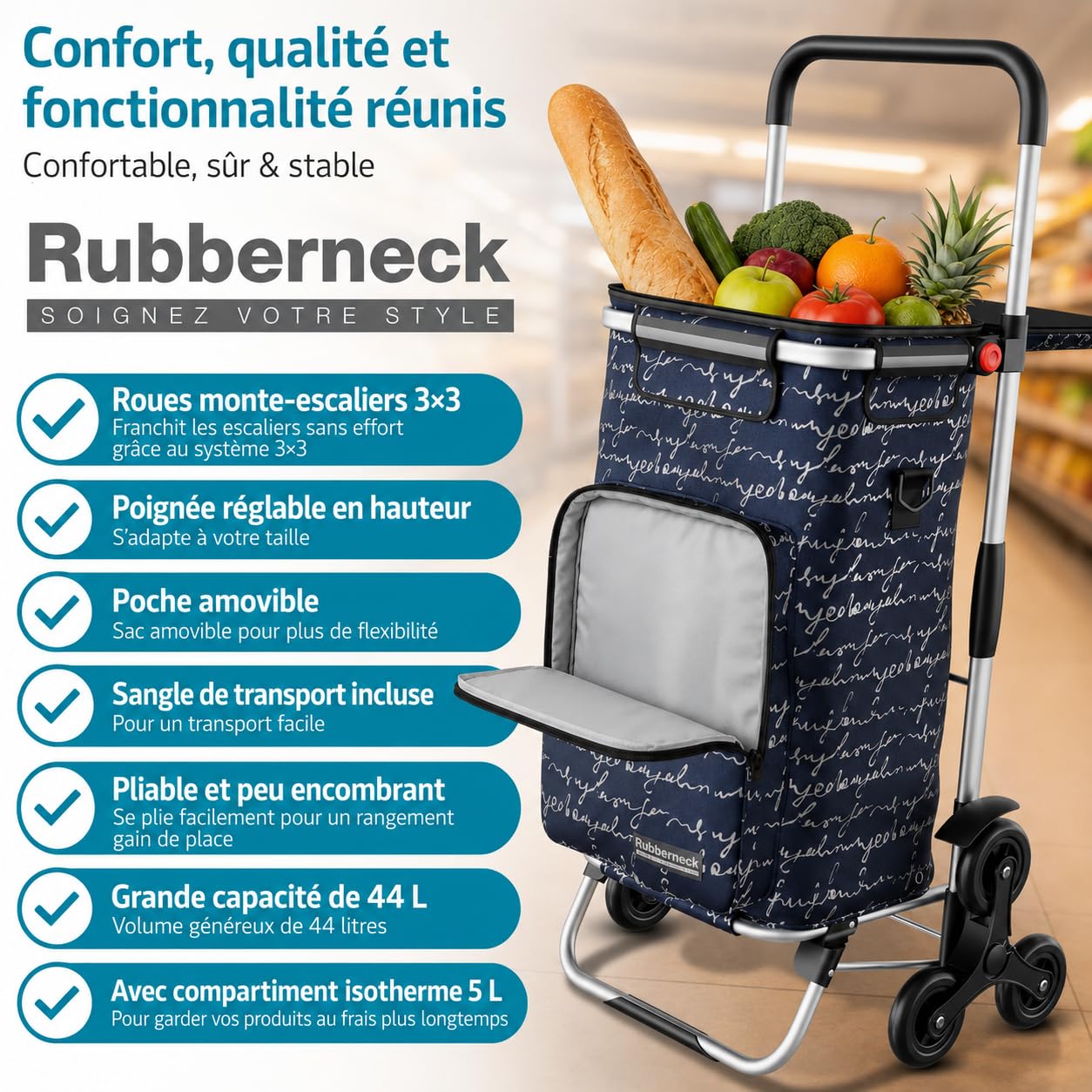 Rubberneck Chariot de Courses Pliable 44L avec Compartiment Isotherme Bleu
