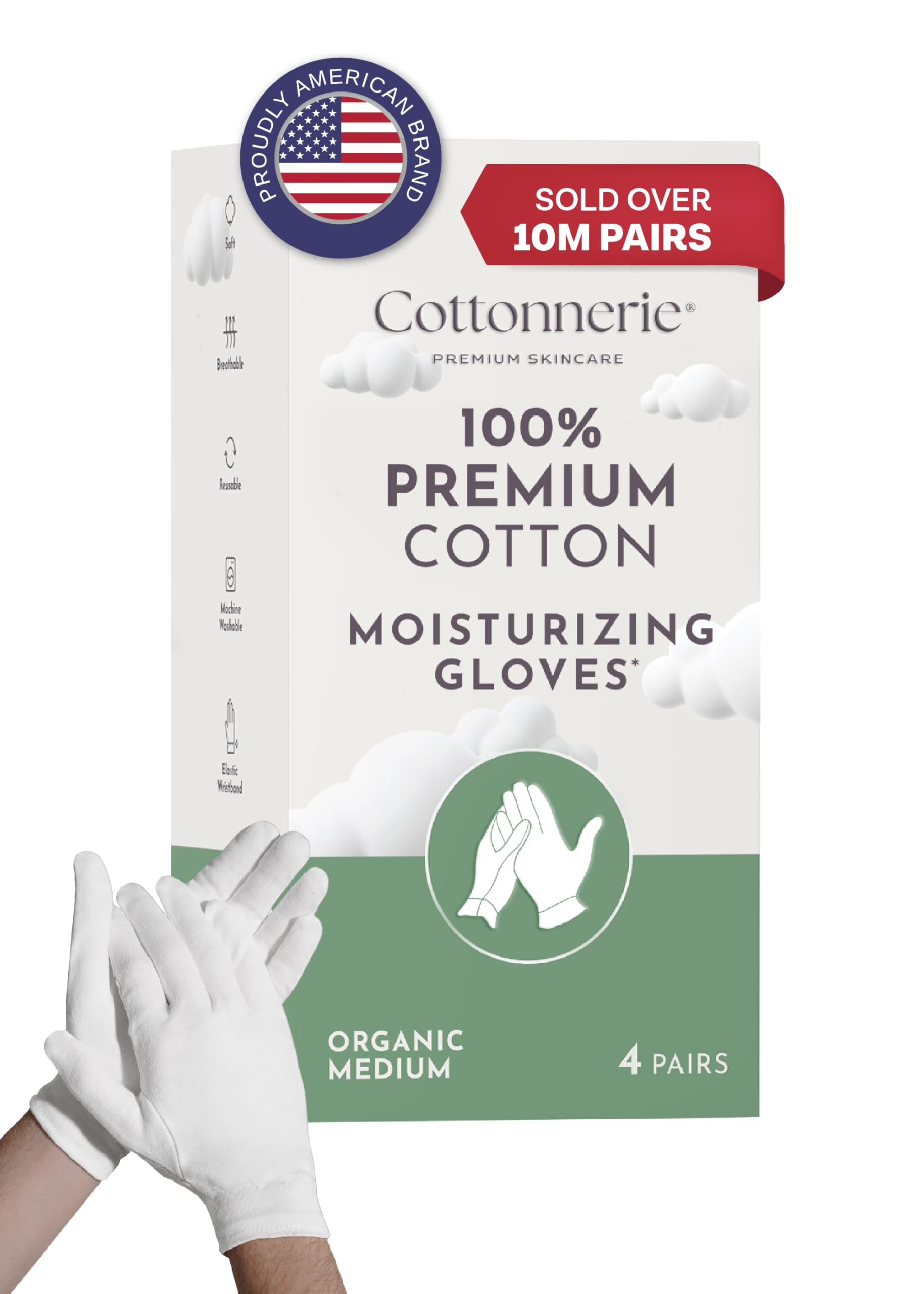 Gaxcoo Cotton Gloves for Dry Hands Sleeping, Moisturizing, Crack Repair, Medium 4 Pair, Organic Cotton