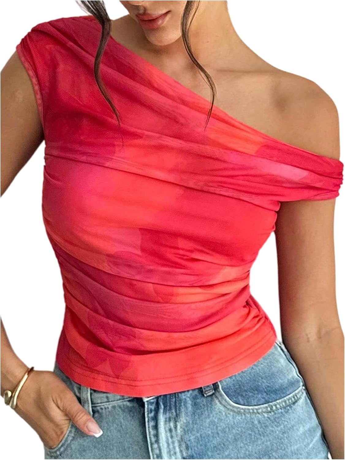 SHENHE Women's Floral Mesh Off The Shoulder Top Cap Sleeve Ruched Fitted Dressy Going Out Shirt