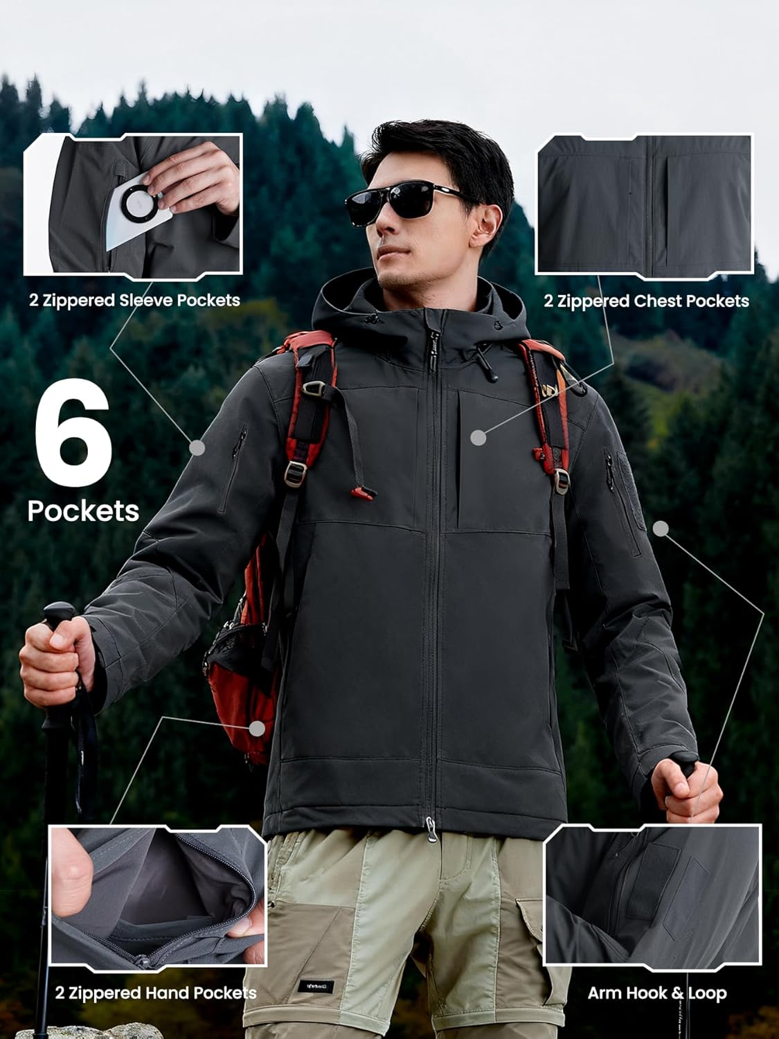 Men's Waterproof Tactical Jacket Windproof Hooded Lightweight Windbreaker Rain Coat For Hiking Hunting 6 Pockets - Image 3